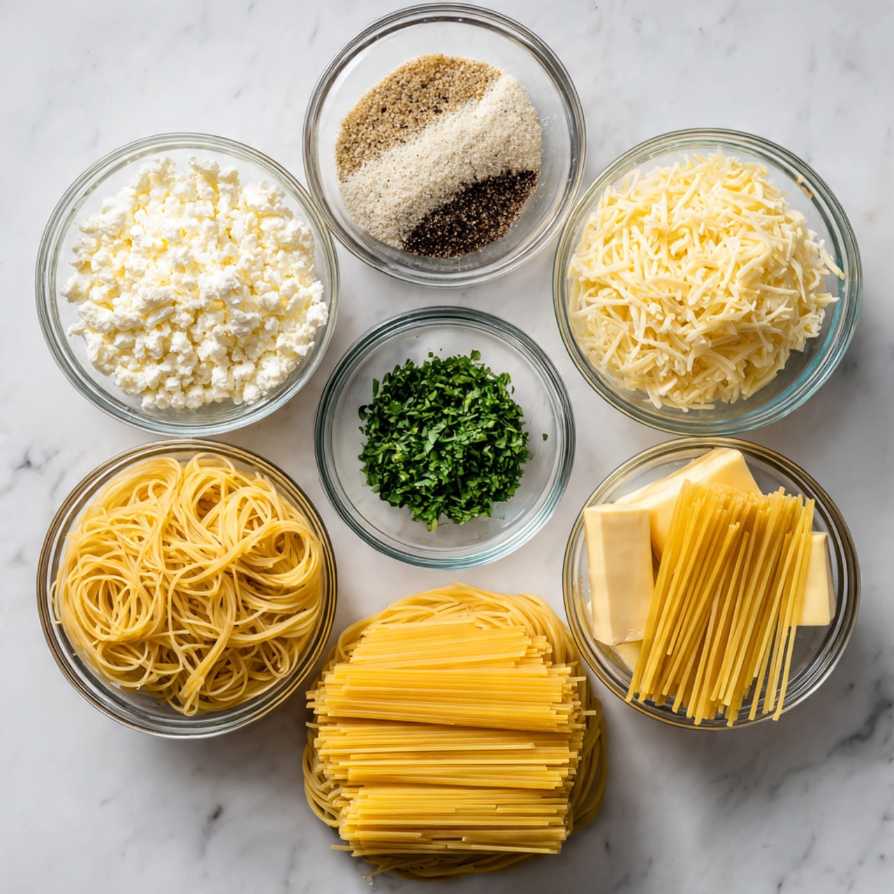 The image shows six clear glass bowls and a bunch of uncooked spaghetti lying flat on a white marbled surface. The bottom layer is the long yellow spaghetti arranged in a neat horizontal row. Above it, from left to right, there is a bowl of white crumbly cheese, a bowl of light beige shredded cheese, a bowl of black pepper, a bowl of green chopped herbs, and lastly, a bowl with yellow butter sticks. Photo taken with an iphone --ar 4:5 --v 7