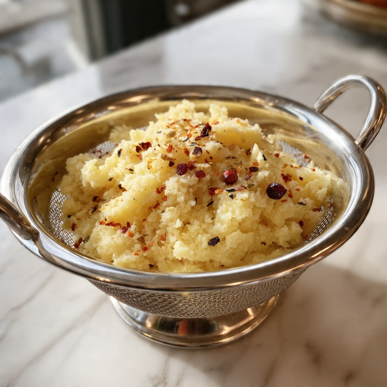 A shiny silver colander filled with a mixture that looks soft and yellowish, with some red and black spices sprinkled on top. The mixture has a fluffy and moist texture with some small lumps visible. The colander sits on a white marbled surface, and the background is softly blurred. Photo taken with an iphone --ar 4:5 --v 7