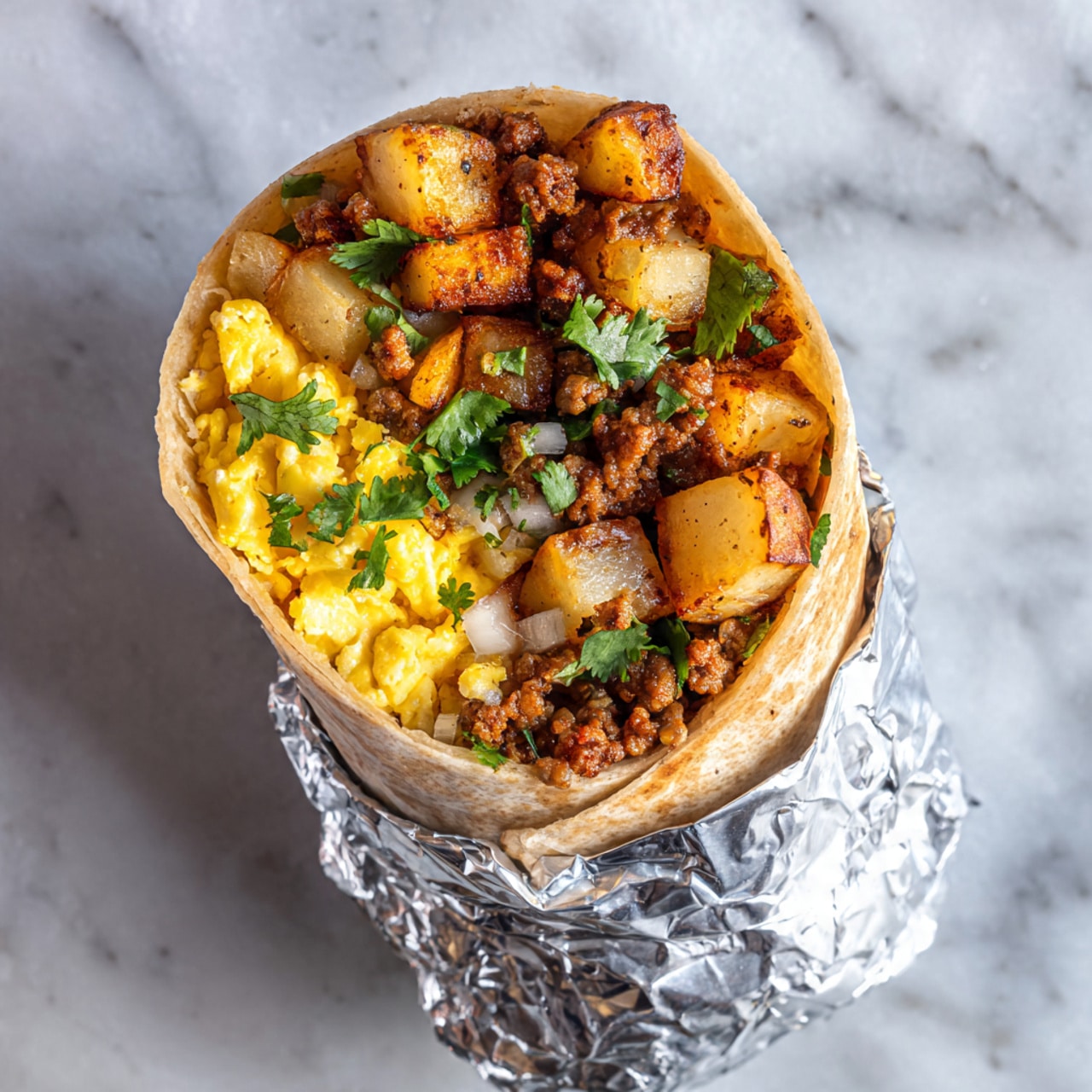 The image shows a close-up of a breakfast burrito wrapped partially in shiny foil, held upright to reveal its contents. The burrito has three main layers inside: at the bottom, there are soft scrambled eggs that are light yellow and fluffy; next to the eggs, there are crisp, golden brown potato chunks with a slight glossy texture; and beside the potatoes, there is crumbled browned sausage mixed with bits of bright green chopped cilantro scattered on top, adding a fresh color contrast. The tortilla wrapping is light brown and slightly toasted, holding all the layers tightly. The background is a white marbled surface with some scattered green cilantro pieces. Photo taken with an iphone --ar 4:5 --v 7