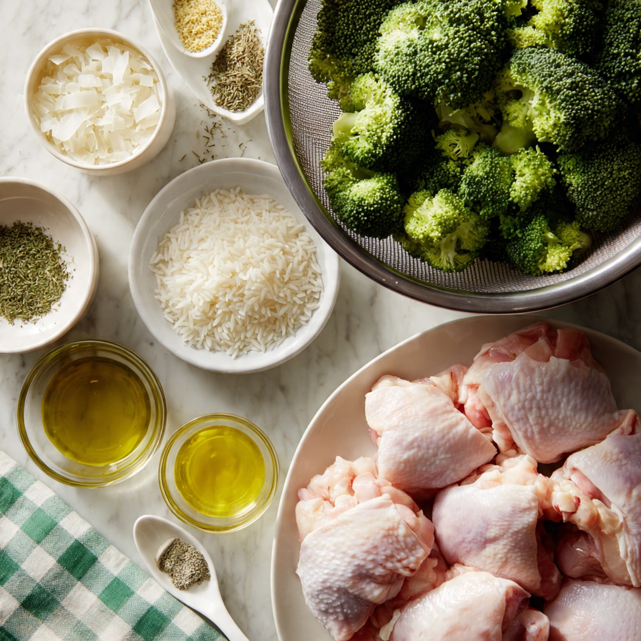 The image shows ingredients for cooking arranged neatly on a white marbled surface. In the center is a white plate with several raw chicken pieces that have light pink and slightly shiny skin. Above it, there is a metal colander filled with bright green broccoli florets that look fresh and firm. To the left of the chicken, a white bowl contains dry white rice grains with a soft texture. Nearby, small glass bowls with light yellow oil and finely chopped white onions are placed. There are also small piles of dried green herbs and pale yellow powder next to the bowls. A spoon with a liquid ingredient rests close to the onions. A woman's hand is holding a white spoon near the rice bowl. The background includes a green and white checked cloth that adds a soft touch to the scene. photo taken with an iphone --ar 4:5 --v 7