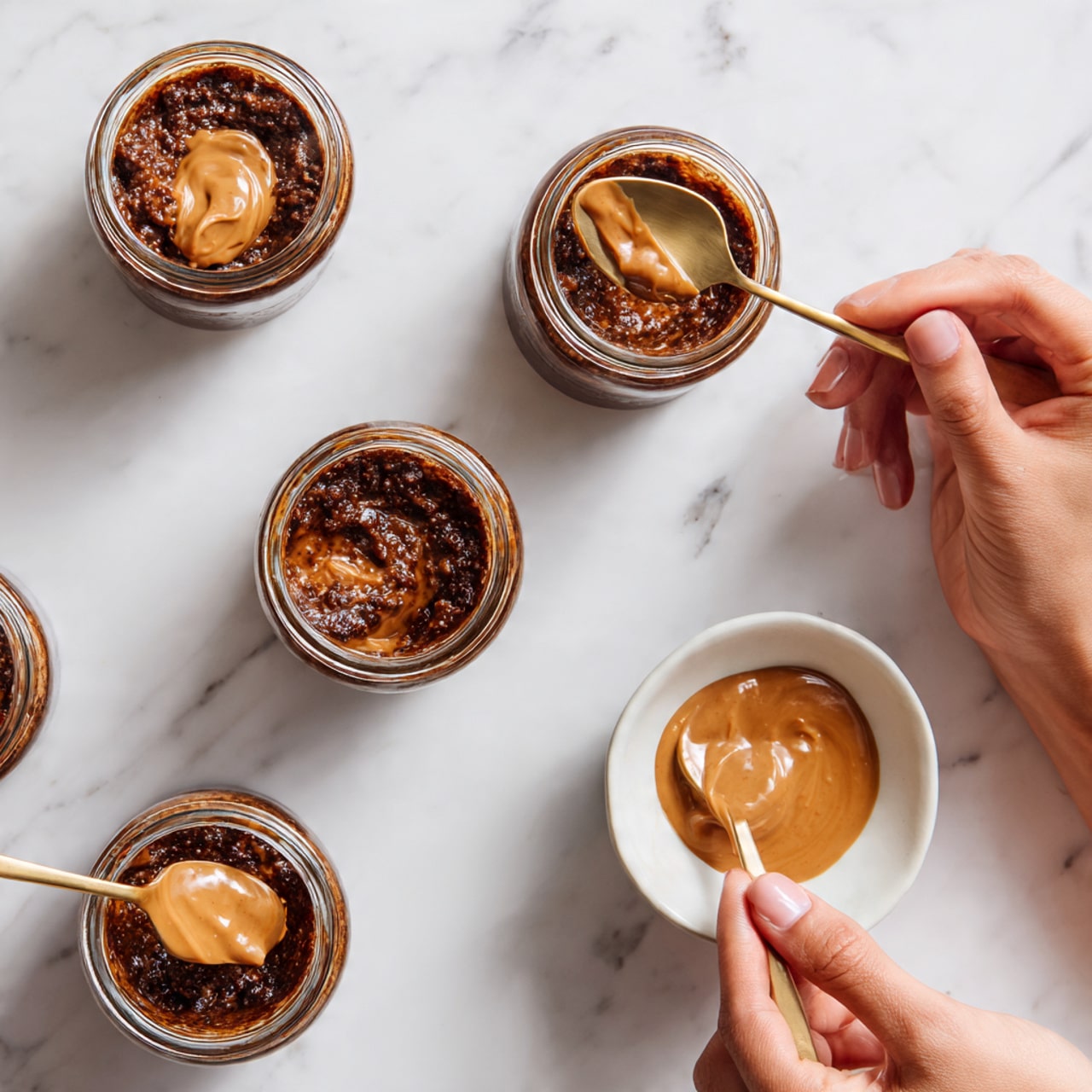 The image shows four small glass jars filled with a thick, dark brown mixture with visible chunks inside, arranged on a white marbled surface. Three of the jars have a smooth spoonful of light brown creamy sauce spread on top, each layer clearly sitting on the chunky brown base, while the fourth jar has only the chunky brown mixture without sauce. A woman's hand holding a small white bowl of the same light brown sauce is seen on the right side, and another woman's hand is using a gold spoon to spread the sauce on the jar closest to the bottom center. photo taken with an iphone --ar 4:5 --v 7
