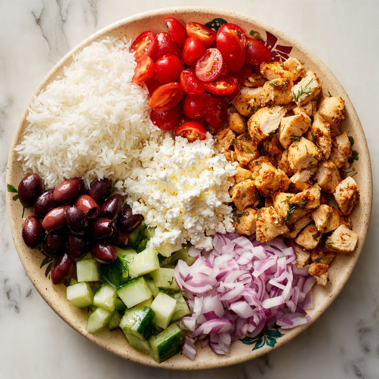 A white bowl holds a colorful layered dish with six distinct sections: in the bottom left, there is a tan quinoa base topped with a dollop of white sauce with green herbs; next to it, dark purple sliced olives arranged in a small pile; above the olives, bright red chopped tomatoes sprinkled with white crumbles; to the right of the tomatoes, grilled golden-brown chicken pieces with light green herb bits on top; below the chicken, pale green cucumber chunks; and in the center, thin slices of light purple onion with green herbs sprinkled over all the layers, all sitting on a white marbled surface with a gold fork resting inside the bowl on the left side photo taken with an iphone --ar 4:5 --v 7