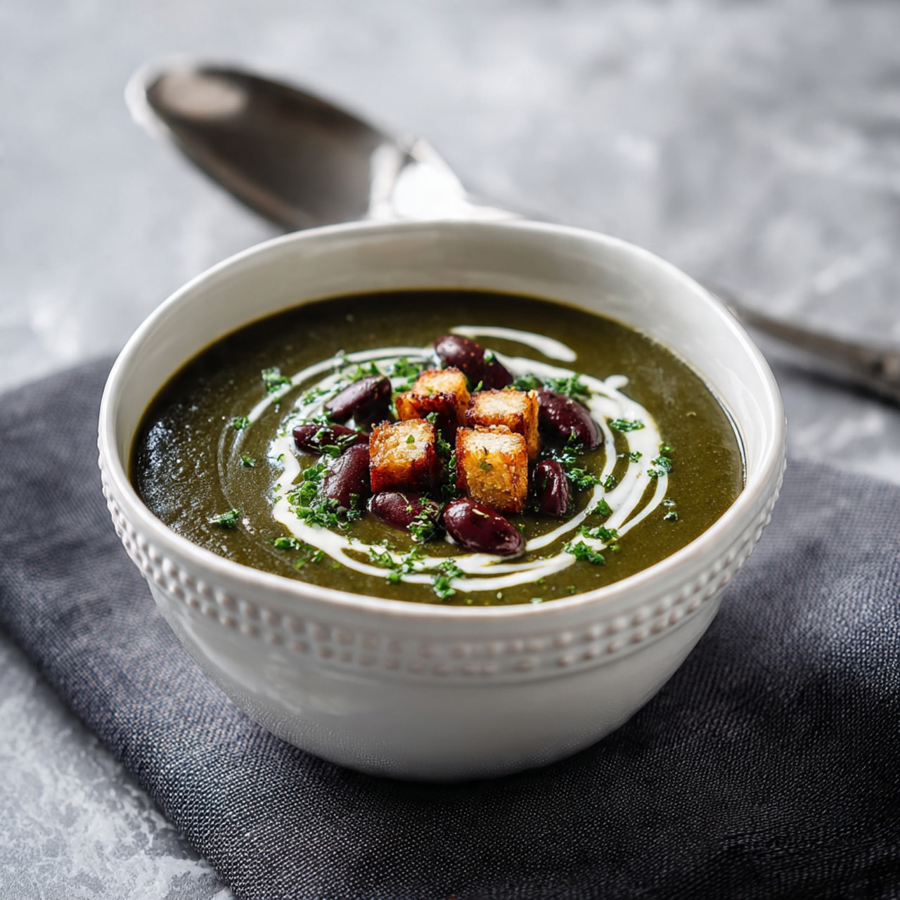 A white bowl with detailed edges holds a thick, dark green soup with a smooth texture, topped with a swirl of white cream creating a circular pattern. On top of the cream, small browned cubed pieces and dark red beans are scattered, along with finely chopped green herbs sprinkled over the surface. The bowl is placed on a dark gray cloth and sits on a white marbled surface. A silver spoon is positioned nearby. photo taken with an iphone --ar 4:5 --v 7