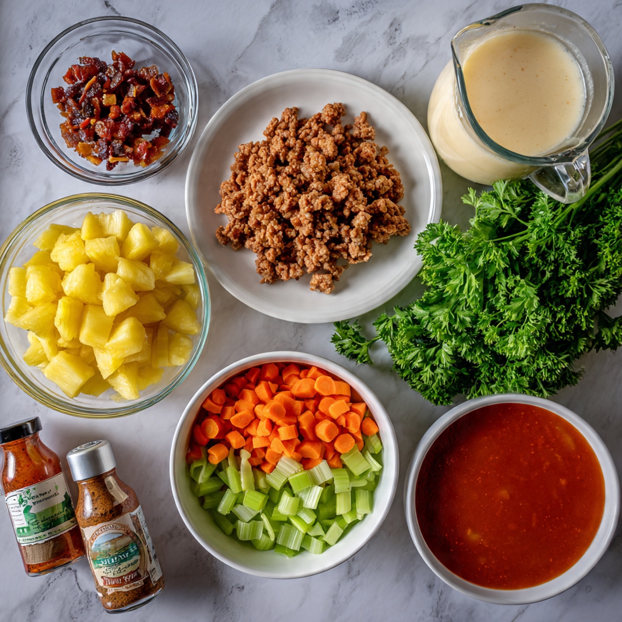 The image shows a white marbled surface with various bowls and ingredients arranged neatly. In the center bottom, a white bowl contains chopped carrots, celery, and onions in small even pieces. Above that, a small white plate holds cooked ground meat in a crumbly texture. To the left, a small clear glass bowl with dark, small chunks of bacon sits beside a bowl of bright yellow cubed pineapples. At the top right, a glass jug is filled with a light cream-colored liquid, likely broth. Next to it is a bunch of fresh green parsley. To the right middle, a white bowl is filled with a smooth bright red sauce. At the lower left, two bottles of seasoning or sauce with labels are seen placed side by side. The arrangement is balanced and well organized. photo taken with an iphone --ar 4:5 --v 7