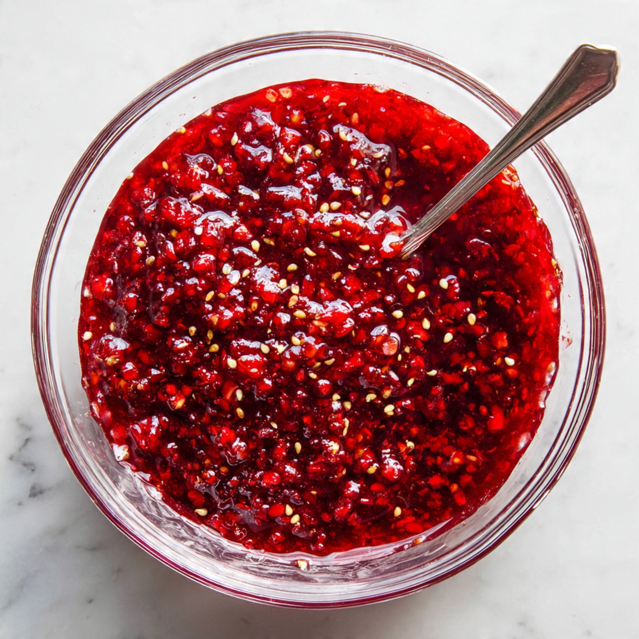 A clear glass bowl sits on a white marbled surface, filled with a thick mixture of crushed red fruit with visible small seeds scattered throughout. The mixture has a wet, glossy texture with uneven lumps of fruit and seeds spread in it. A silver spoon rests inside the bowl, partially immersed in the chunky red blend. The overall color is deep red with a slightly translucent, jelly-like appearance. Photo taken with an iphone --ar 4:5 --v 7