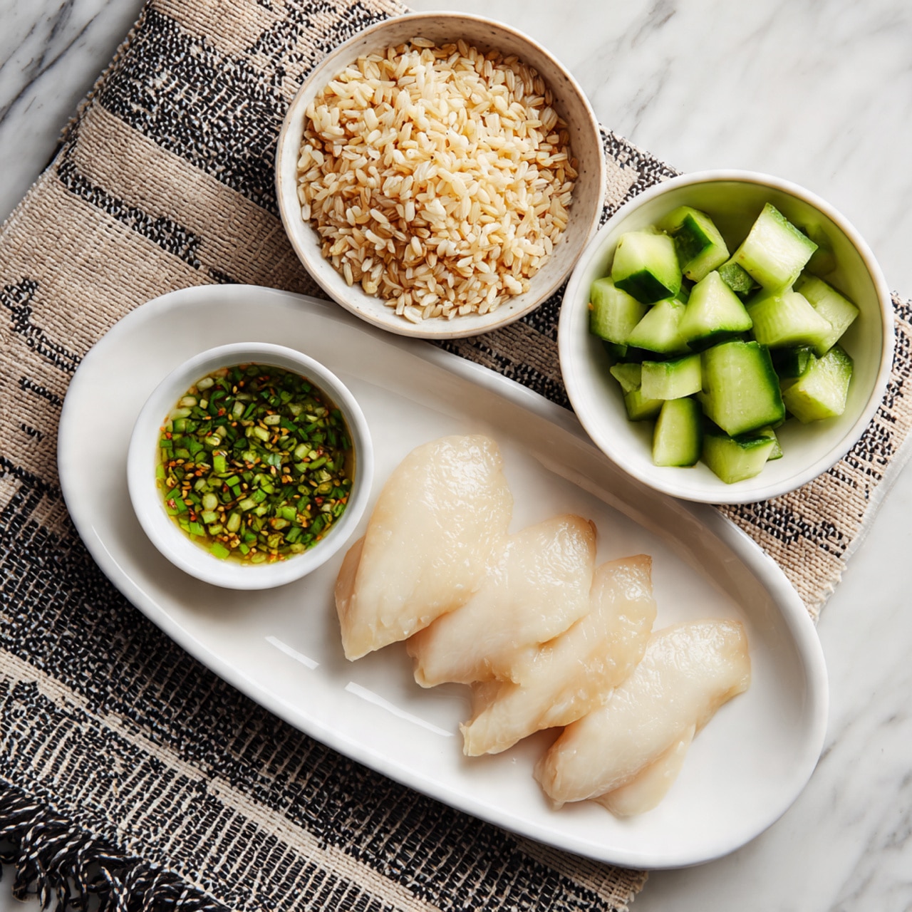A white oval plate holds three pale, smooth chicken pieces arranged in a loose circle. On the bottom left of the plate, there is a small white bowl filled with a green onion dipping sauce, textured with tiny bits of garlic and floating oil. Above and to the right of the chicken plate, a white bowl contains bright green cucumber pieces with a slightly shiny, wet look. To the left of these, a white bowl sits filled with loose, light brown rice grains. All items rest on a white marbled surface with a woven black and cream textured cloth partially underneath. Photo taken with an iphone --ar 4:5 --v 7
