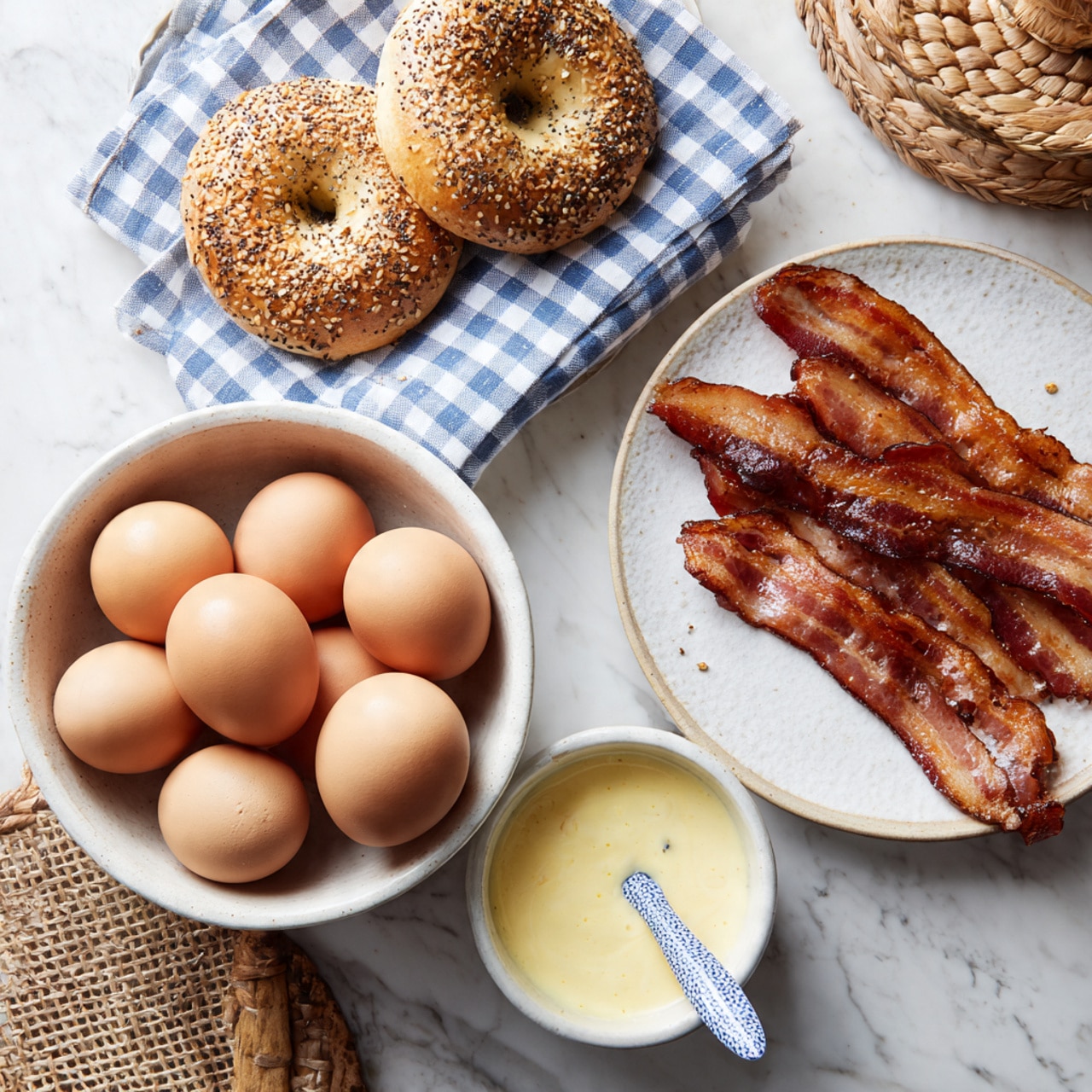 The image shows a white bowl filled with six plain brown eggs positioned on a white marbled surface. To the right, there is a white plate with a subtle patterned texture holding several strips of cooked crispy bacon, with some darker and lighter spots showing the cooked texture. Above the eggs, two round bagels coated with seeds and seasoning are placed on a white plate lined with a blue and white checkered cloth. Below the eggs, a small white bowl contains a creamy light yellow sauce with a blue and white patterned spoon resting inside. The whole scene is arranged neatly on a white marbled background with some woven rattan elements partially visible underneath. Photo taken with an iphone --ar 4:5 --v 7