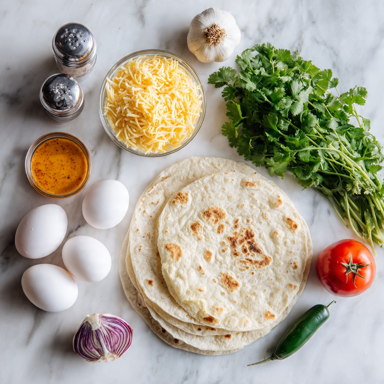 On a white marbled surface, there are two white tortillas stacked on the right side. Above and slightly overlapping the tortillas is a bunch of fresh green cilantro. To the left of the tortillas and cilantro, there is a small glass bowl filled with yellow shredded cheese. Below the cheese, there is a row of five white eggs arranged in a loose cluster with one egg slightly apart on the left. Above the eggs is a small bowl of orange sauce. To the left of the sauce, there are three garlic cloves with purple stripes, some of them still in their skin. Above the garlic cloves is a small silver pepper shaker. Left of the shaker is a whole ripe red tomato, and near the top left is a small, dark green jalapeño pepper. Near the center, above the eggs and below the cilantro, is a bulb of garlic with a paper-like outer skin. The whole scene is bright and clean. photo taken with an iphone --ar 4:5 --v 7