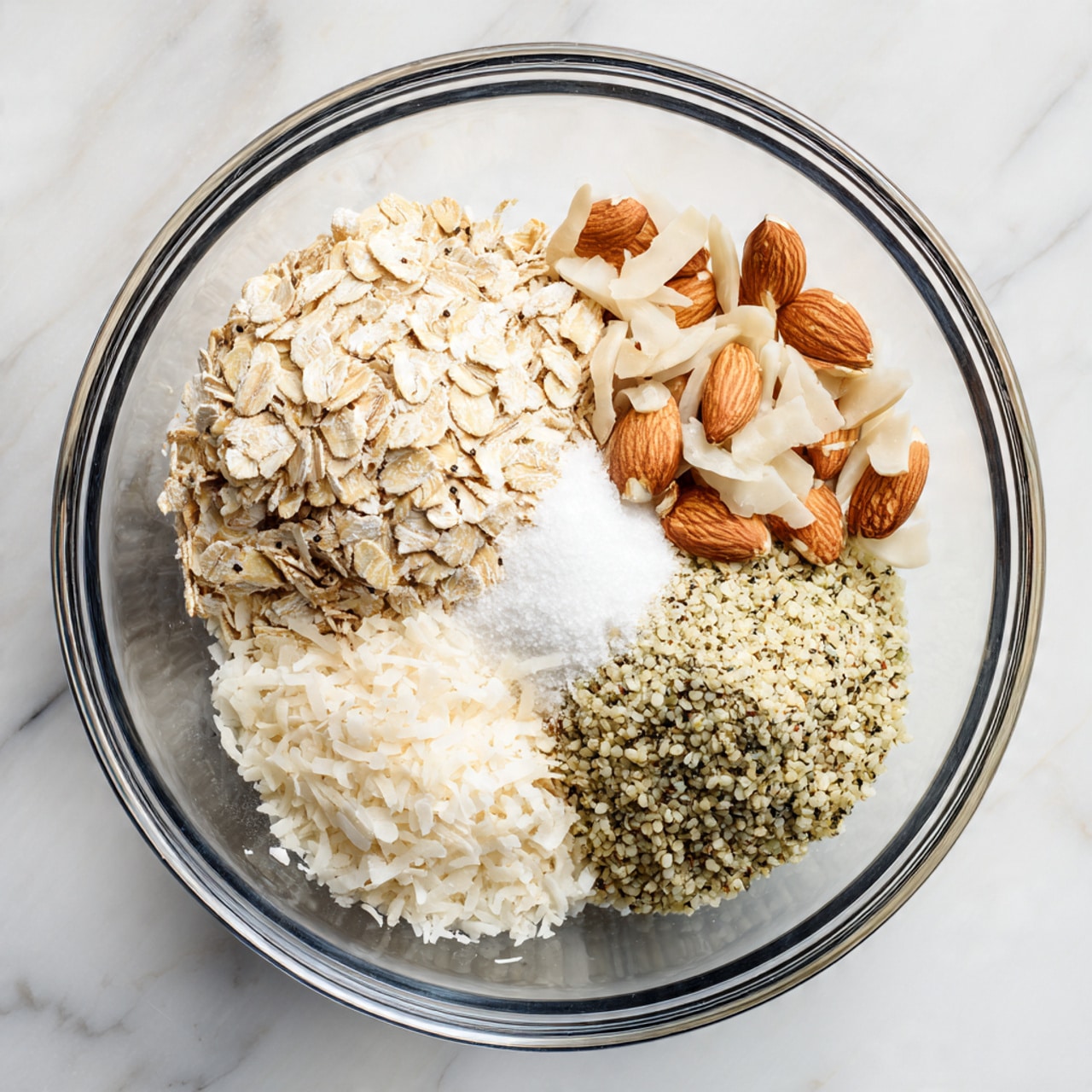 A clear glass bowl with black rings around the edge holds five separate piles of dry ingredients arranged side by side. On the left, a large pile of light tan rolled oats; next to it, a smaller pile of sliced almonds in light brown and cream shades. Below the oats, a small white pile of sugar, and next to that, a pile of off-white shredded coconut flakes. On the right side is a mound of greenish-beige hemp seeds with small dark spots. The bowl is on a surface with a white marbled texture. Photo taken with an iphone --ar 4:5 --v 7
