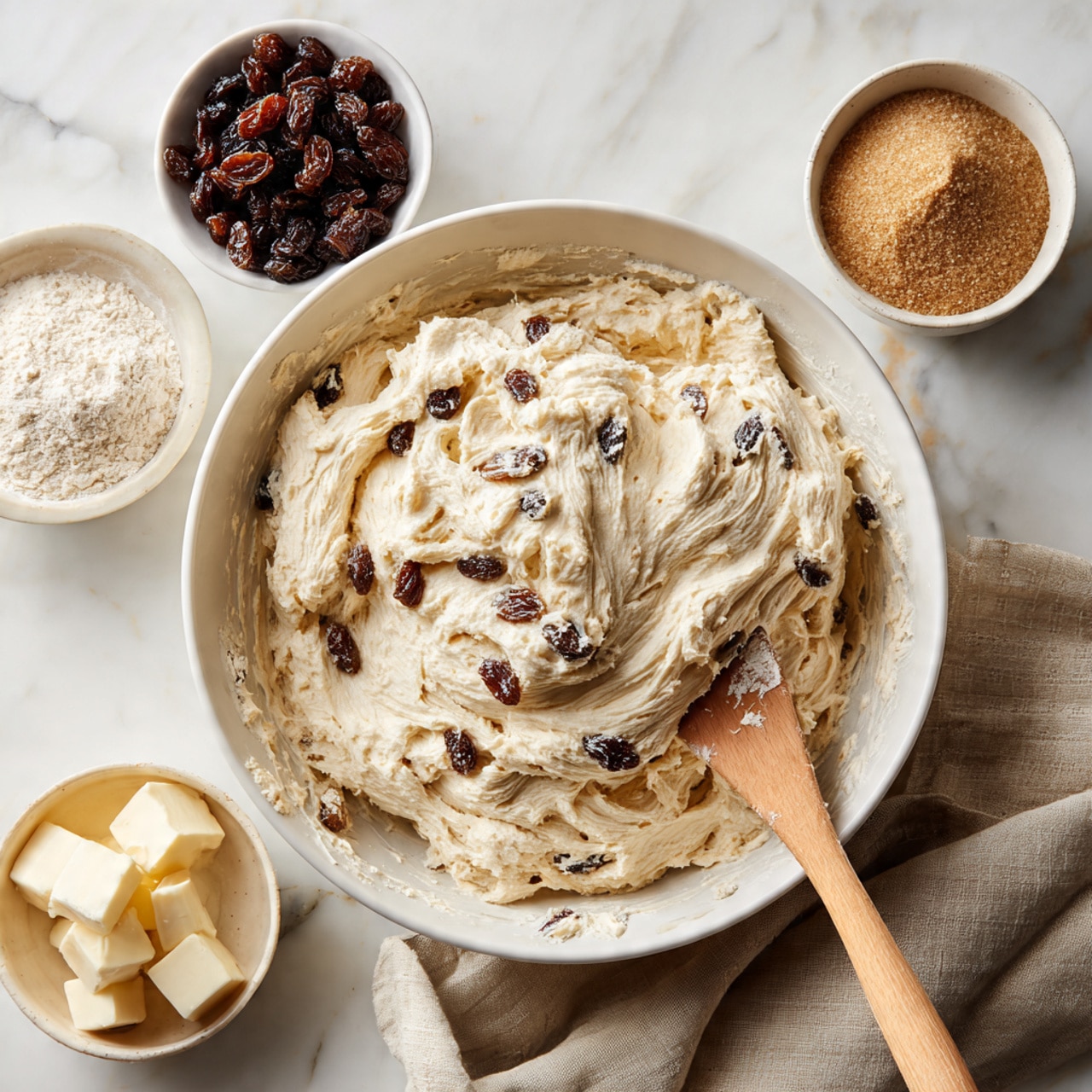 A large white bowl filled with a creamy, thick dough mixed with dark raisins is centered on a white marbled surface. Inside the bowl on the right side rests a wooden spoon with dough stuck to it. Around the large bowl, there are three smaller white bowls: one with dark raisins on the top left, another with light brown sugar on the top right, and a third with small cubes of pale yellow butter at the bottom left. A folded soft beige cloth sits near the bottom right corner, completing the warm and inviting kitchen scene. Photo taken with an iphone --ar 4:5 --v 7