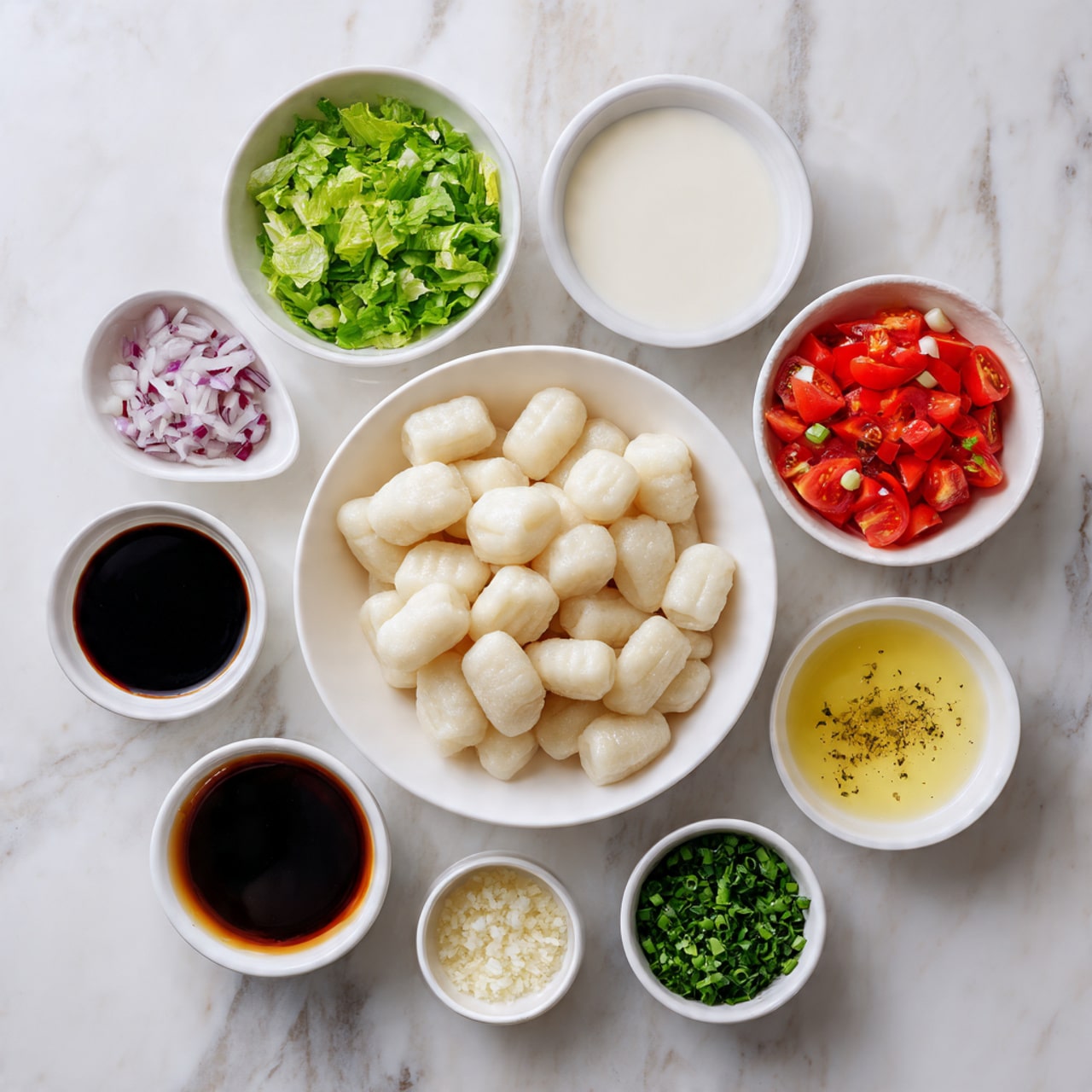 The image shows a white marbled surface with nine white bowls arranged neatly, each holding a different ingredient for cooking. In the middle, there is a large white bowl filled with smooth, white gnocchi pieces. Surrounding it are smaller white bowls: at the top, finely chopped green lettuce or herbs; to the right, a bowl of small chopped red tomatoes; next to it, finely minced garlic; on the bottom right, a light yellow liquid, possibly broth; near the bottom center, chopped green herbs; below the gnocchi, a thick white cream sauce; on the bottom left, a dark brown liquid, likely soy sauce; and to the left, finely chopped red onions. Above all is a bowl of white cream or milk. The setup is clean and organized, with all bowls in a circular arrangement, creating a clear view of each ingredient. photo taken with an iphone --ar 4:5 --v 7