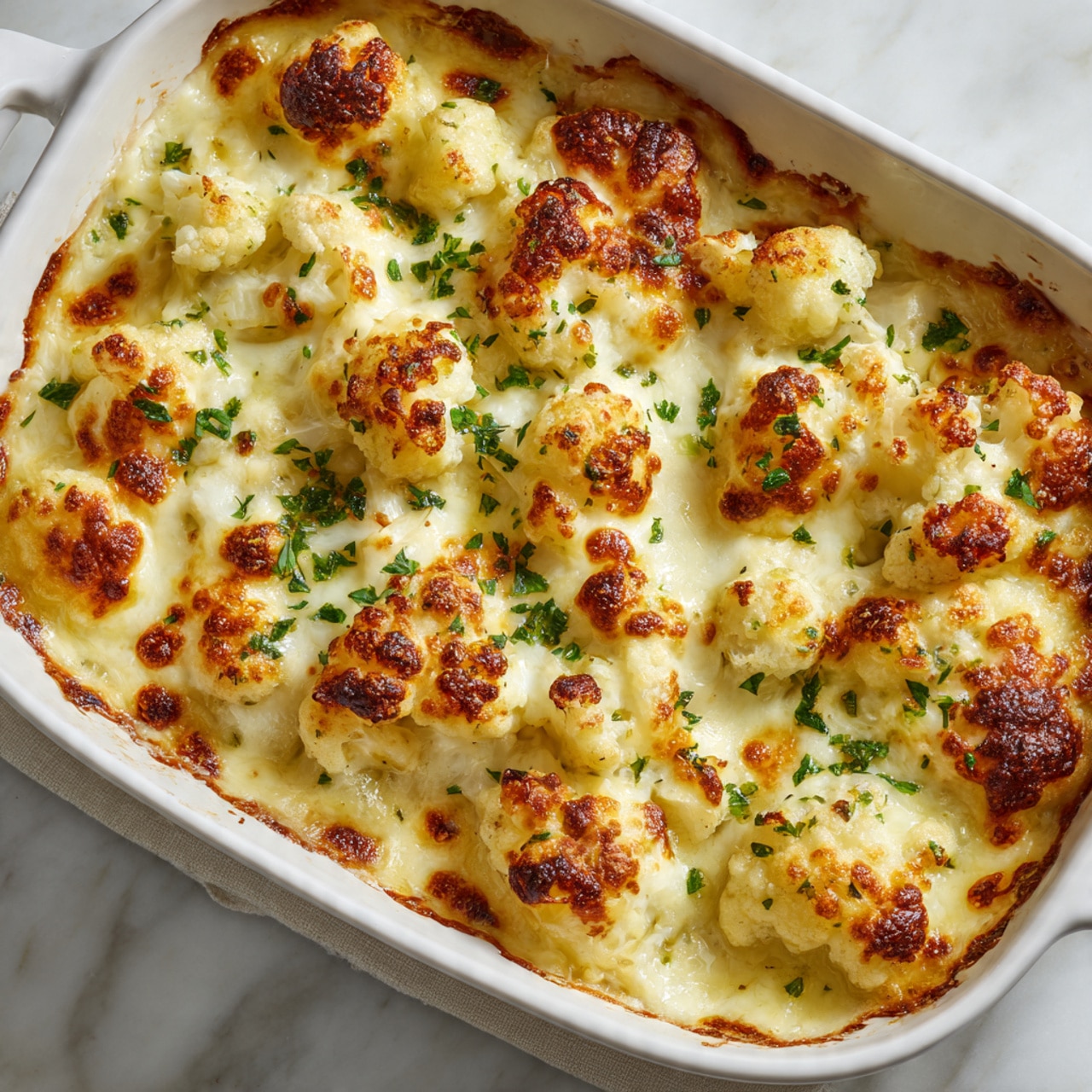 The image shows a white ceramic baking dish filled with a creamy cauliflower casserole. The top layer is golden brown with spots of toasted cheese, featuring creamy white cauliflower pieces partly covered by melted cheese that looks smooth and slightly bubbly. Small green herb flakes are sprinkled unevenly on the surface, adding color contrast. The edges of the dish have some browned bits where the cheese has baked against the sides. The dish sits on a white marbled surface. Photo taken with an iphone --ar 4:5 --v 7