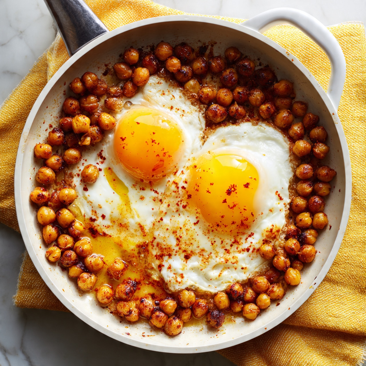 A white pan filled with two cooked eggs with bright yellow yolks and white, surrounded by many browned chickpeas mixed with bits of red spices and oil, spread evenly across the pan’s surface with some orange oil stains near the bottom. The texture of the chickpeas is roasted and slightly crispy. The pan rests on a yellow cloth with a white marbled textured surface underneath. photo taken with an iphone --ar 4:5 --v 7