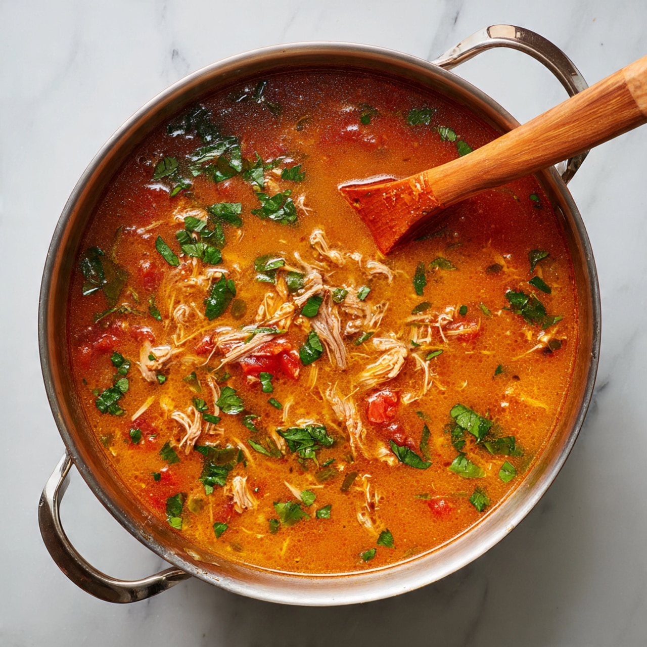 A shiny metal pot filled with a thick, orange-red soup that has pieces of light shredded meat and chopped red tomatoes visible throughout. The surface of the soup is dotted with small green leaves of fresh herbs, unevenly spread across. A wooden spoon with an orange-stained end is partially submerged on the right side of the pot. The pot rests on a smooth white marbled surface, reflecting some light. photo taken with an iphone --ar 4:5 --v 7
