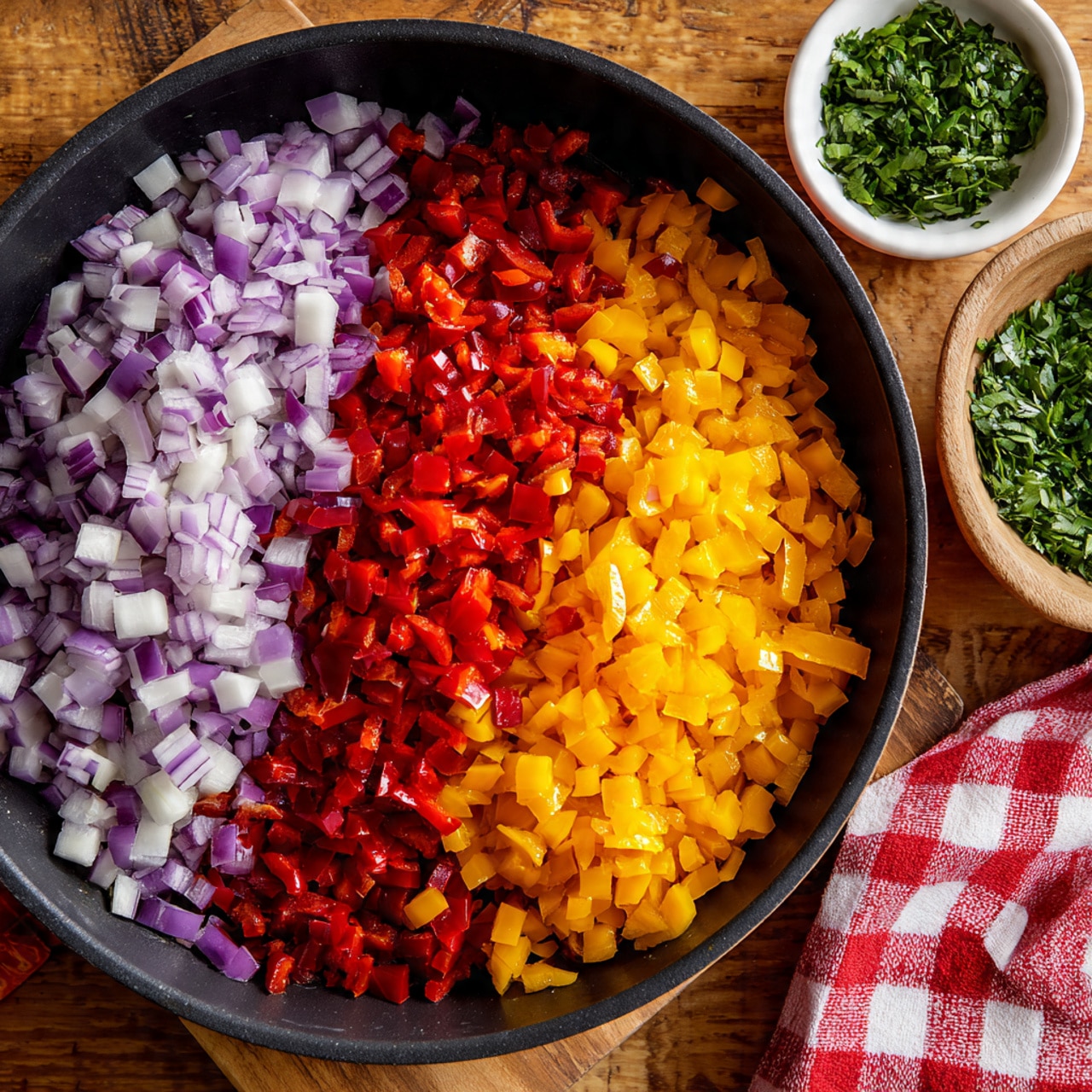 A close-up of a black pan on a wooden table filled with three layers of diced ingredients. The bottom layer is light purple and white small cubes scattered evenly, above it are small yellow cubes, and the top layer is red cubes spread generously on one side. To the right, a small white bowl with green chopped herbs sits on a red checkered cloth. The photo is taken with an iphone --ar 4:5 --v 7