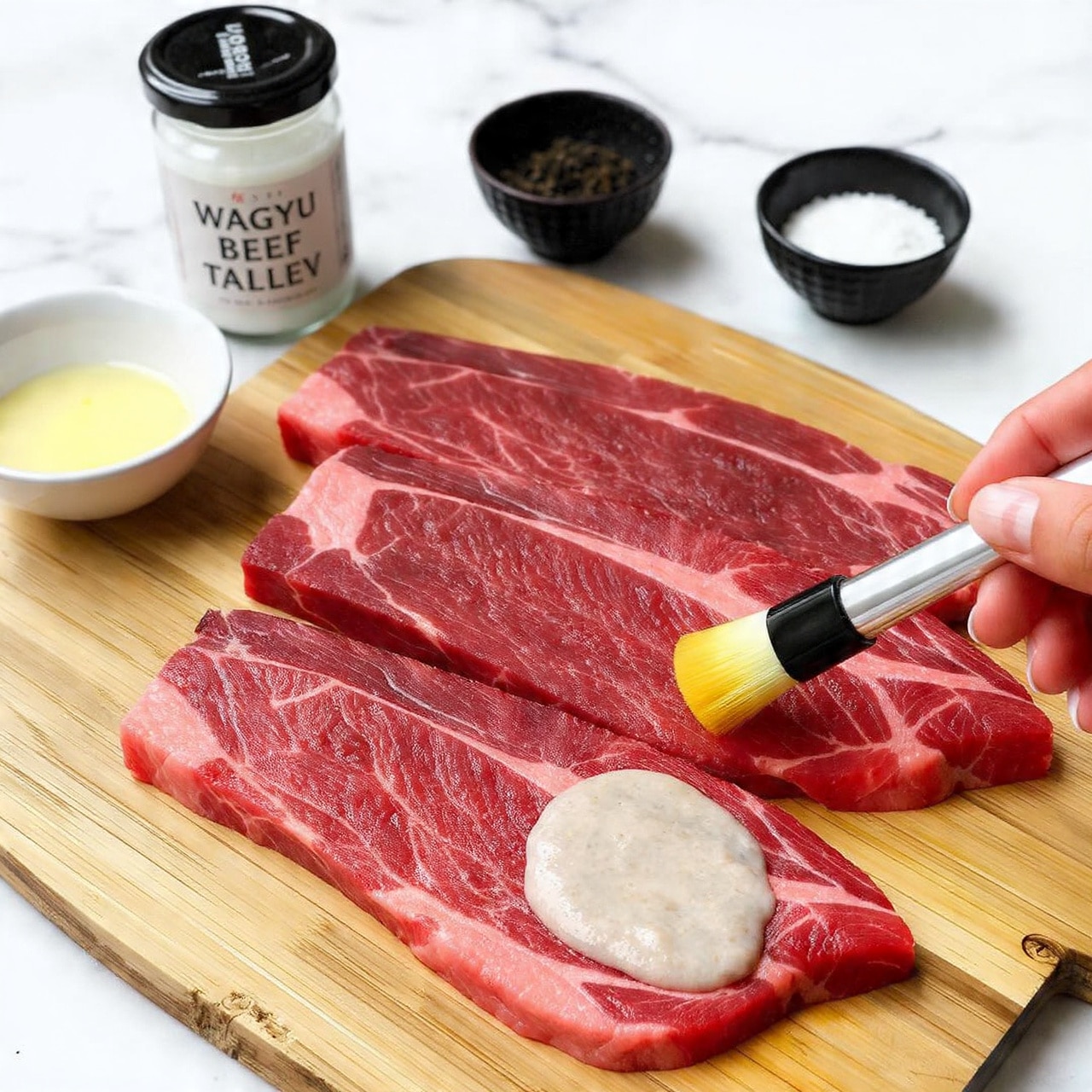 The image shows a wooden cutting board with three raw red steaks layered from front to back, each showing rich marbling and texture. On the left side of the board, there is a jar of light-colored Wagyu Beef Tallow with a black lid, standing tall. In front of the jar, a small white bowl contains a pale yellow substance. Behind the steaks, a woman's hand holds a wooden brush, gently spreading the tallow on the top steak. Two small round bowls are in the mid-background, one black with pepper and the other white with salt. The whole setting is placed on a table with a white marbled texture surface, with a blurred mustard-yellow cloth and an amber-colored glass in the far background. Photo taken with an iphone --ar 4:5 --v 7