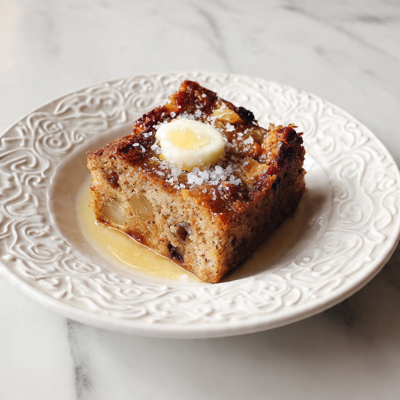 A single slice of brown bread pudding sits at the center of a white plate with an intricate raised pattern. The pudding has a rough top texture with pieces of fruit embedded and visible throughout its soft, moist interior. A small dollop of melting pale yellow butter rests in the middle, surrounded by sprinkles of flaky sea salt that glisten in the light. The edges of the pudding appear slightly crispy and caramelized, contrasting with the dense, crumbly inside. The photo is set on a white marbled surface. Photo taken with an iphone --ar 4:5 --v 7