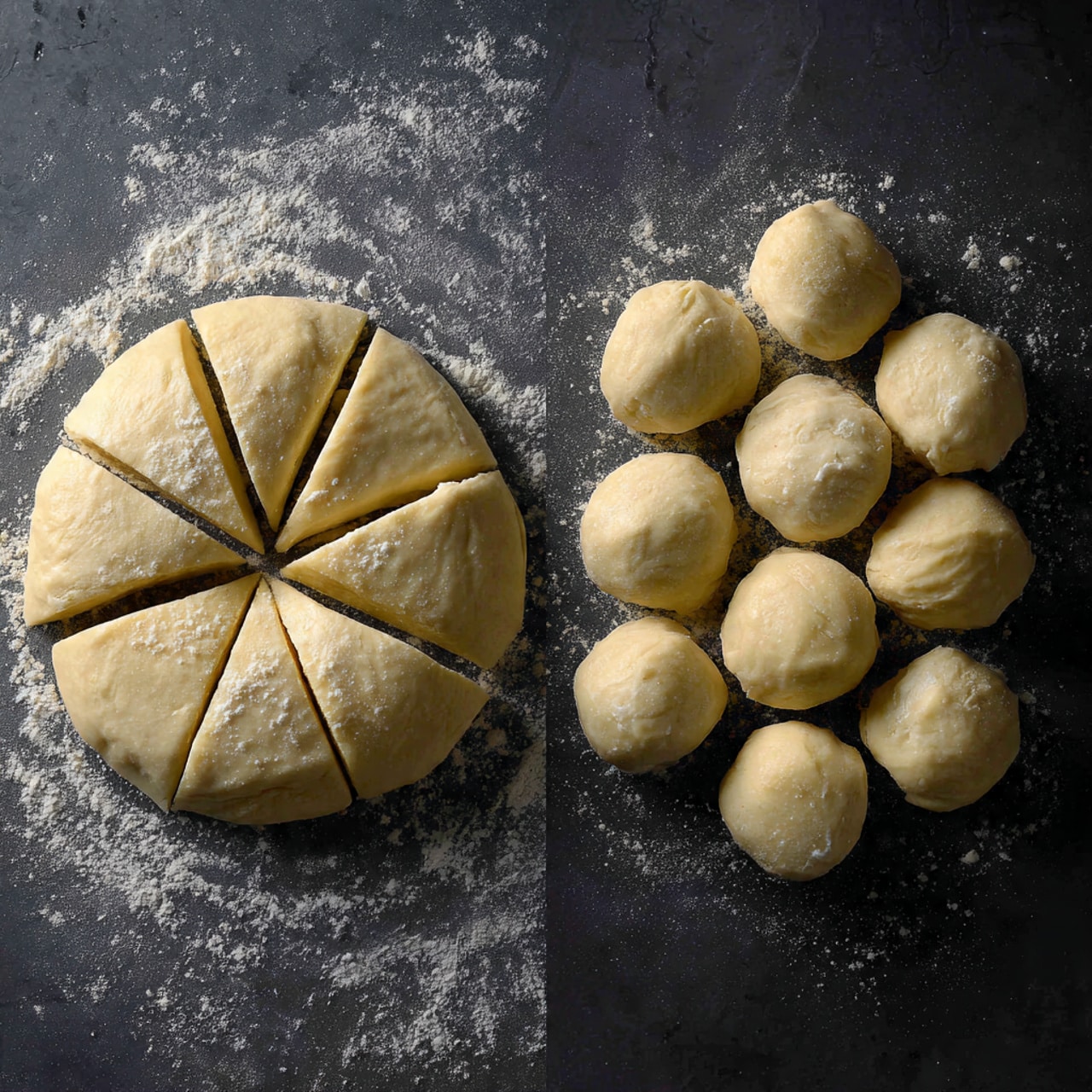 The image shows two stages of preparing dough on a round dark surface dusted with flour, which should be imagined as a white marbled texture. On the left, a circle of dough is cut into eight triangular pieces with smooth beige surfaces and slightly rounded edges. On the right, these cut dough pieces are shaped into eight small round balls with soft, slightly bumpy surfaces, arranged loosely in a circular pattern. The dough looks soft and fresh with some flour sprinkled lightly around the pieces. Photo taken with an iphone --ar 4:5 --v 7