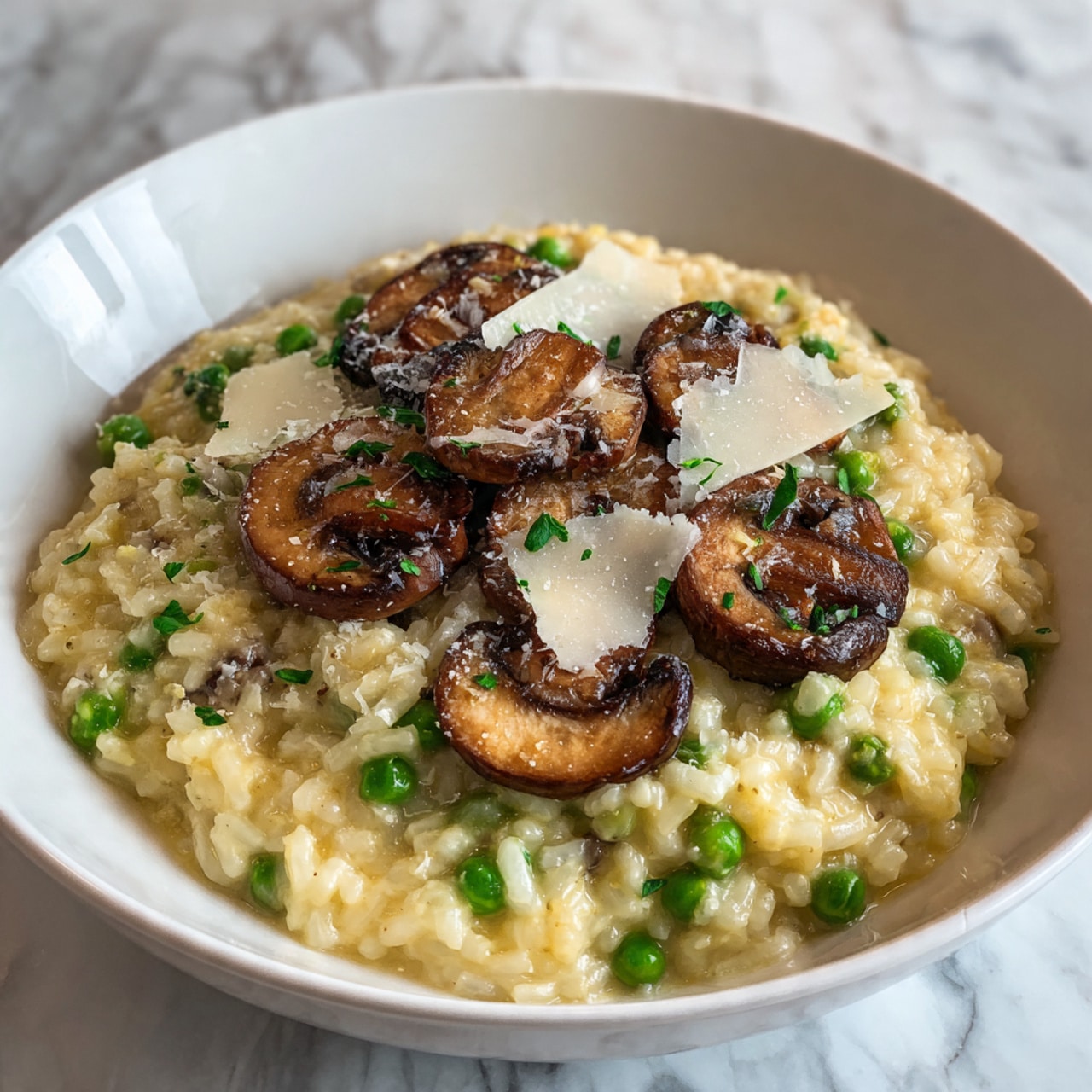 A close-up of a round white bowl filled with creamy risotto that is creamy light yellow with small green peas mixed in. On top, there are several sautéed mushrooms in dark brown and golden colors arranged in the center. Scattered thin white cheese slices lay over the mushrooms and risotto, adding texture. The bowl sits on a white marbled surface. photo taken with an iphone --ar 4:5 --v 7