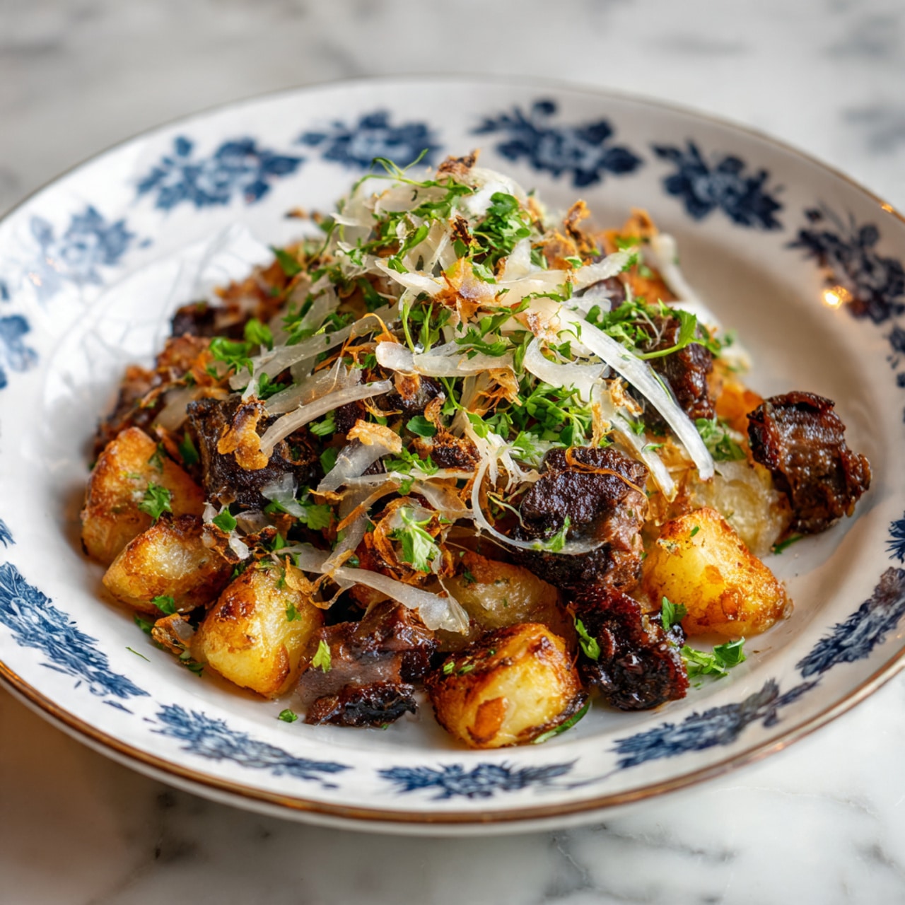 The dish is shown close up in a white plate with blue patterns along the edge, placed on a white marbled surface. It has about three main layers: the bottom layer consists of small, browned crispy pieces, likely roasted potatoes, with a light golden color and some darker browned edges. On top of this layer, there are chunks of browned meat with a rich dark brown color and shiny texture, scattered evenly across the plate. The top layer features thin, curly white strips, possibly shredded cheese, along with finely chopped green herbs sprinkled all over. The colors are warm and inviting with bright greens adding freshness. Photo taken with an iphone --ar 4:5 --v 7