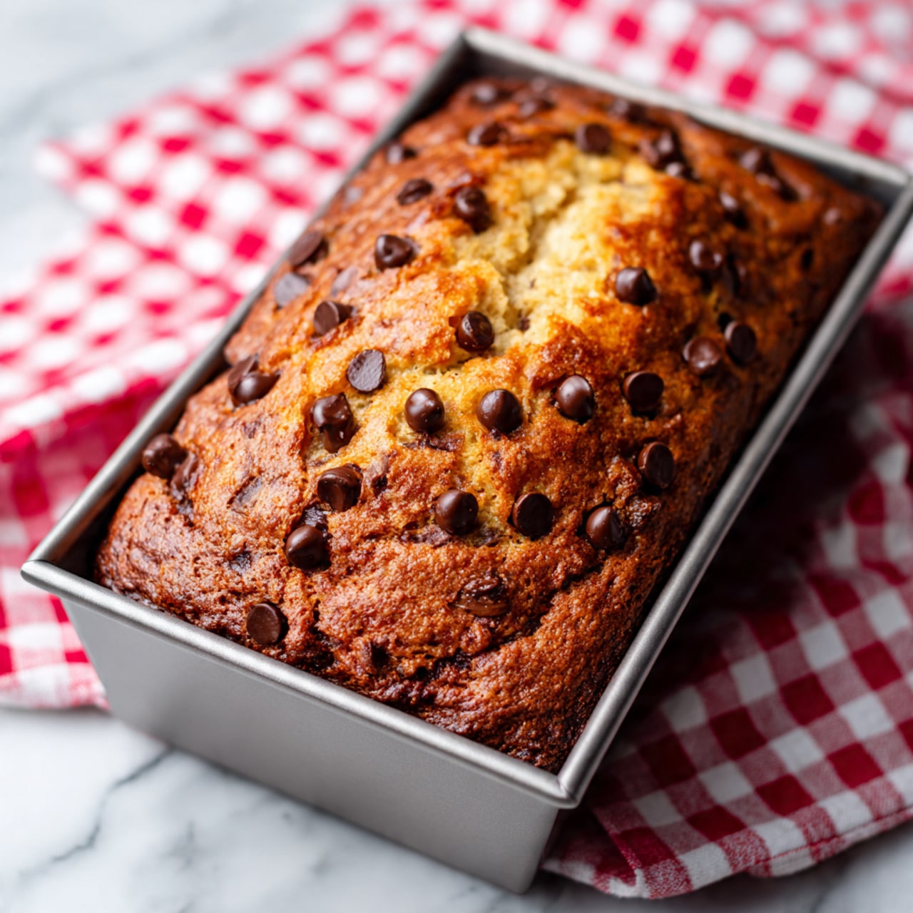 A bread loaf with a rich golden-brown crust sits in a silver baking pan, topped with many round, dark brown chocolate chips that are slightly melted. The bread has a rough top with a split running along its length showing a soft, light yellow inside. The pan is placed on a white marbled surface with a red and white checkered cloth in the background. photo taken with an iphone --ar 4:5 --v 7