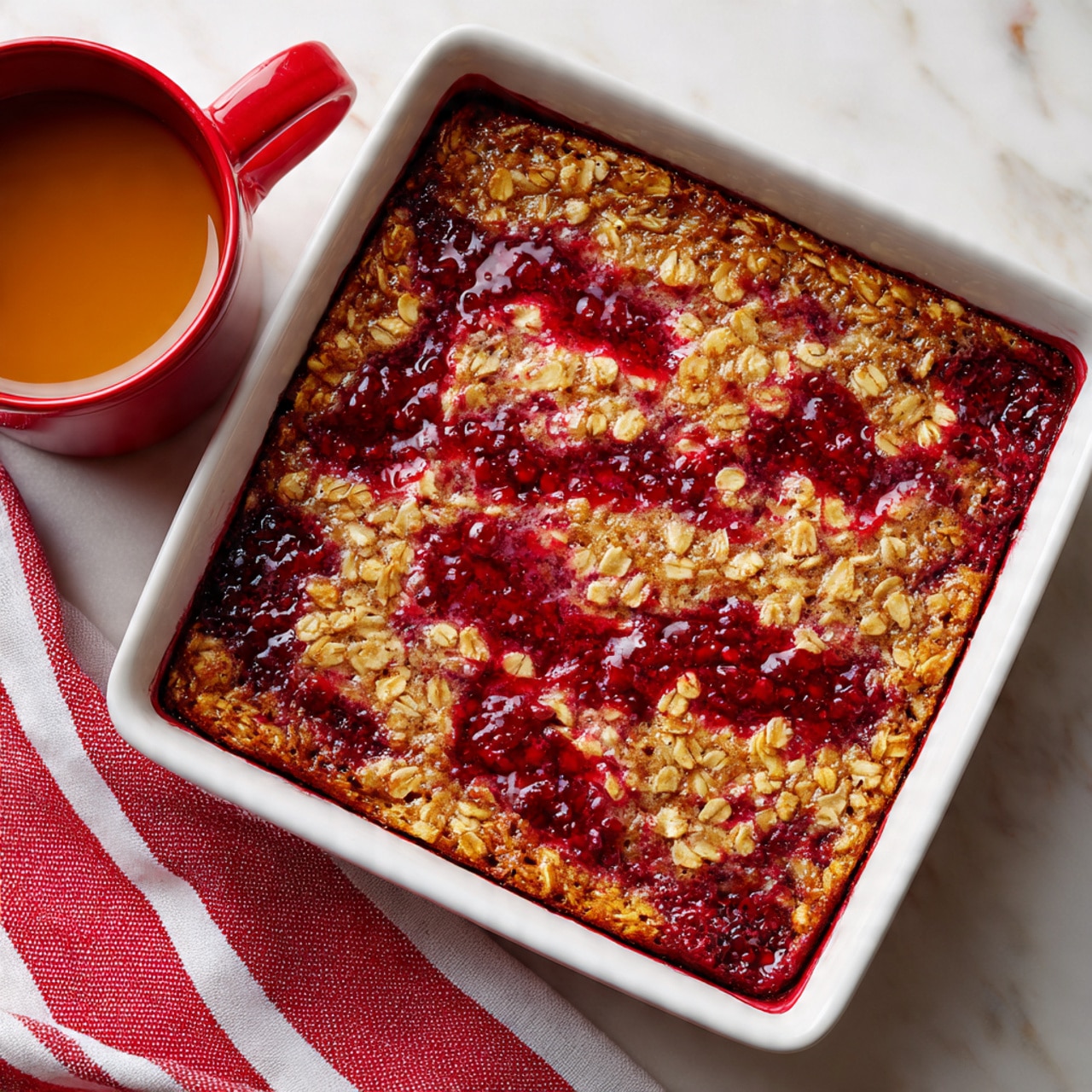 A square white baking dish filled with a single thick layer of golden brown baked oatmeal that has visible oats and swirled deep red patches of berry sauce or fruit throughout its surface, giving it a marbled look. The dish sits on a white marbled surface with a red and white striped cloth partially under it. To the upper left corner of the image, there is a red cup holding a warm brown drink, likely tea, adding a cozy feeling to the scene. Photo taken with an iphone --ar 4:5 --v 7