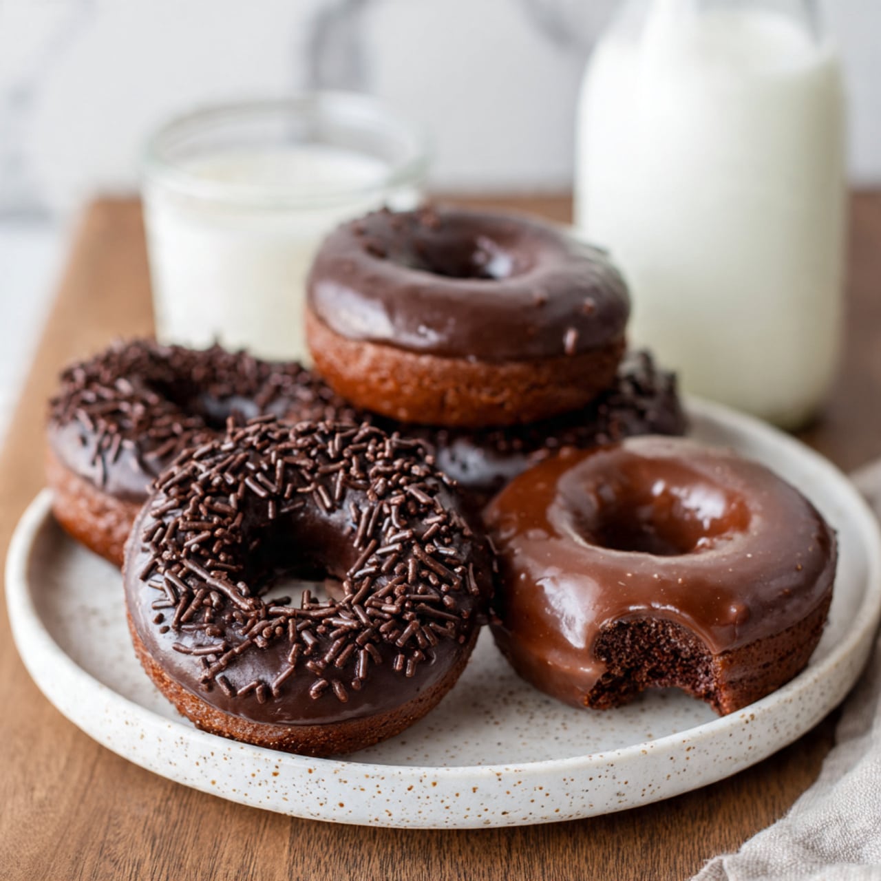 A close-up image of five chocolate donuts arranged on a white plate with a speckled design, which sits on a wooden table. The front donut has a smooth chocolate glaze with chocolate sprinkles mainly on the upper left side. Behind it, there is a plain chocolate glazed donut, a bitten chocolate donut with sprinkles on the right, and two more plain chocolate donuts. In the blurry background, there is a clear glass bottle filled with white milk, all placed on a white marbled surface. Photo taken with an iphone --ar 4:5 --v 7