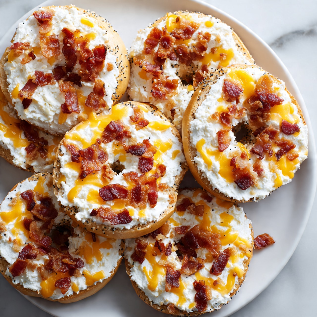 The image shows several bagels on a white plate, each bagel has a base layer of white cream cheese. On top of the cream cheese are small pieces of crispy bacon scattered evenly, and melted yellow cheddar cheese covers the bacon in spots, partly melted and smooth. The bagels have a golden-brown toasted surface with visible poppy seeds sprinkled across the cream cheese. The background is a white marbled surface. Photo taken with an iphone --ar 4:5 --v 7