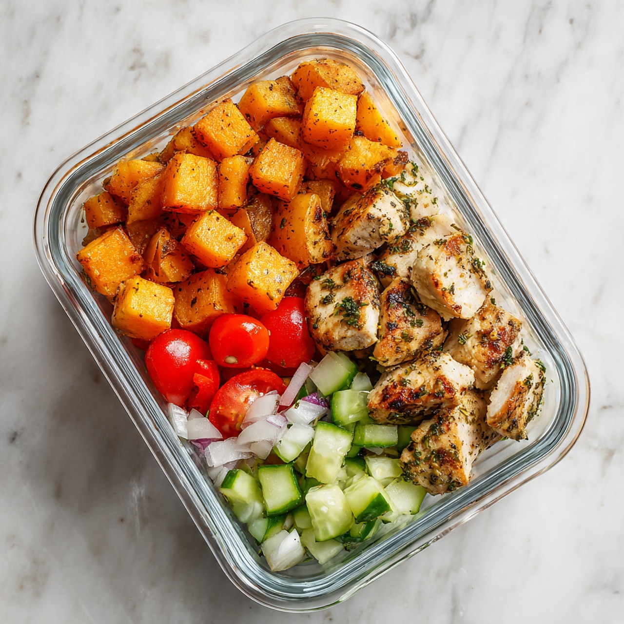 A clear rectangular glass container with three sections of food arranged inside on a white marbled surface. The top left section holds orange roasted potato cubes with a slightly crispy texture. Below it, a colorful mix of chopped fresh vegetables, including red tomatoes, bright green cucumbers, and finely chopped white onions. On the right side, seasoned grilled chicken pieces with a golden-brown color and visible herbs. The photo taken with an iphone --ar 4:5 --v 7