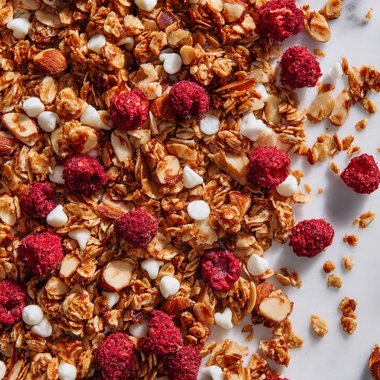 The image shows a close-up view of a single textured layer of granola mix spread across a white marbled surface, featuring clusters of light brown toasted oats and almond slices mixed with bright red freeze-dried raspberries and small white yogurt chips scattered evenly throughout. The granola pieces have a rough texture with some areas showing a shiny, sticky coating, and the raspberries add a vibrant pop of color while the white chips contrast softly against the warm tones and reds. Photo taken with an iphone --ar 4:5 --v 7