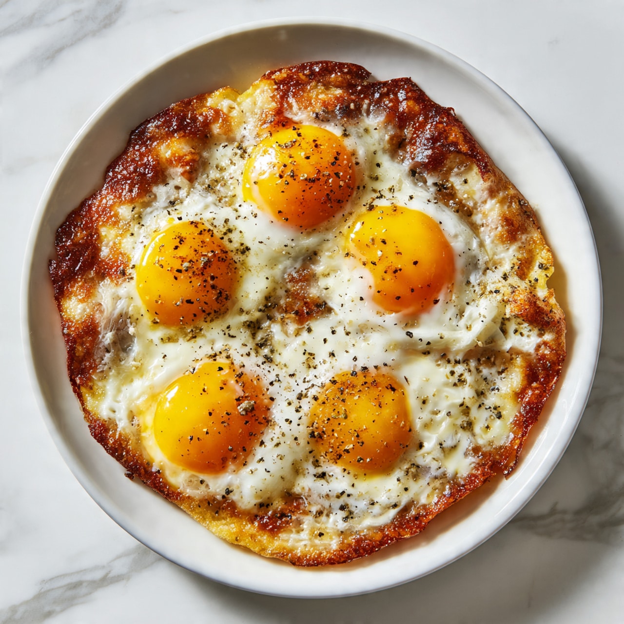 A round dish with a crispy, golden-brown base topped with five fried eggs evenly spread across the surface. The egg whites are cooked and slightly bubbly with a shiny texture, slightly browned around the edges, while the yolks remain bright yellow-orange and slightly firm. The dish sits on a white plate resting on a white marbled surface, with some seasoning visible on the eggs. Photo taken with an iphone --ar 4:5 --v 7