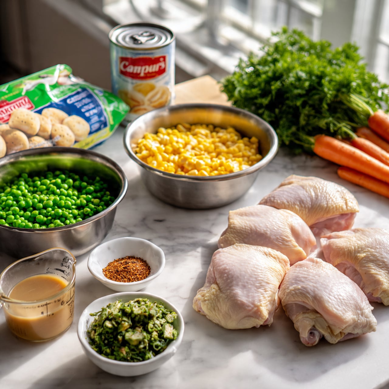 The image shows a kitchen counter with several ingredients arranged neatly on a white marbled surface. There are three raw chicken pieces with pale pink skin placed near the center-right, a bowl filled with a green herb mixture on the bottom right, and a large bunch of fresh green parsley lying next to a carrot. On the left side, there are two stainless steel bowls: one filled with diced celery and green peas, the other with yellow corn mixed with peas. A small white bowl holds a reddish-brown spice mix next to it. In front of the chicken, there is a measuring cup filled with light brown gravy or sauce. Next to the sauce is a package of Pillsbury biscuits. Behind everything is a can of Campbell’s cream of chicken soup. The whole setup is bright, and the light comes from a window in the background. Photo taken with an iphone --ar 4:5 --v 7