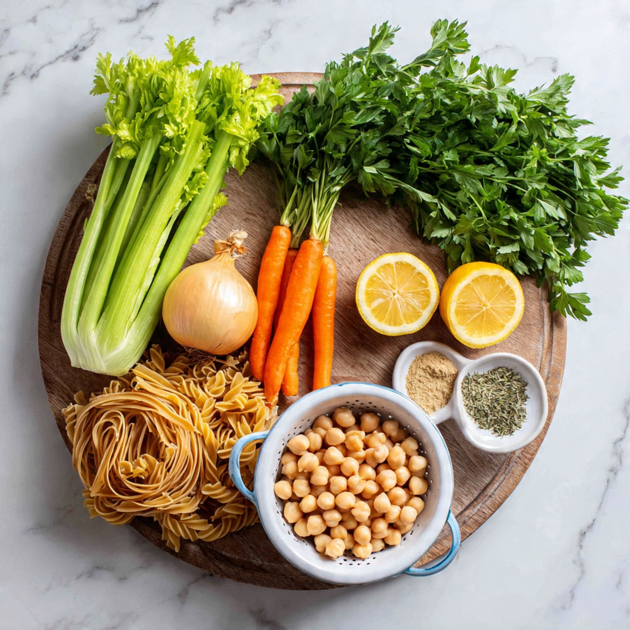 A round wooden board sits on a white marbled surface, holding fresh ingredients. On the left, there is a bunch of bright green celery stalks standing tall next to three vibrant orange carrots. Below the carrots, an unpeeled yellow onion rests near dry twisted pasta that spreads out on the board and onto the marble. Above the onion and pasta, fresh green parsley leaves spread across. To the right side, two lemon halves with bright yellow flesh sit next to dried herbs placed on a small white dish. In front of the lemon and herbs, a white colander is filled with plump, light beige chickpeas, slightly overflowing. The composition is bright and natural, showing raw ingredients ready for cooking, photo taken with an iphone --ar 4:5 --v 7