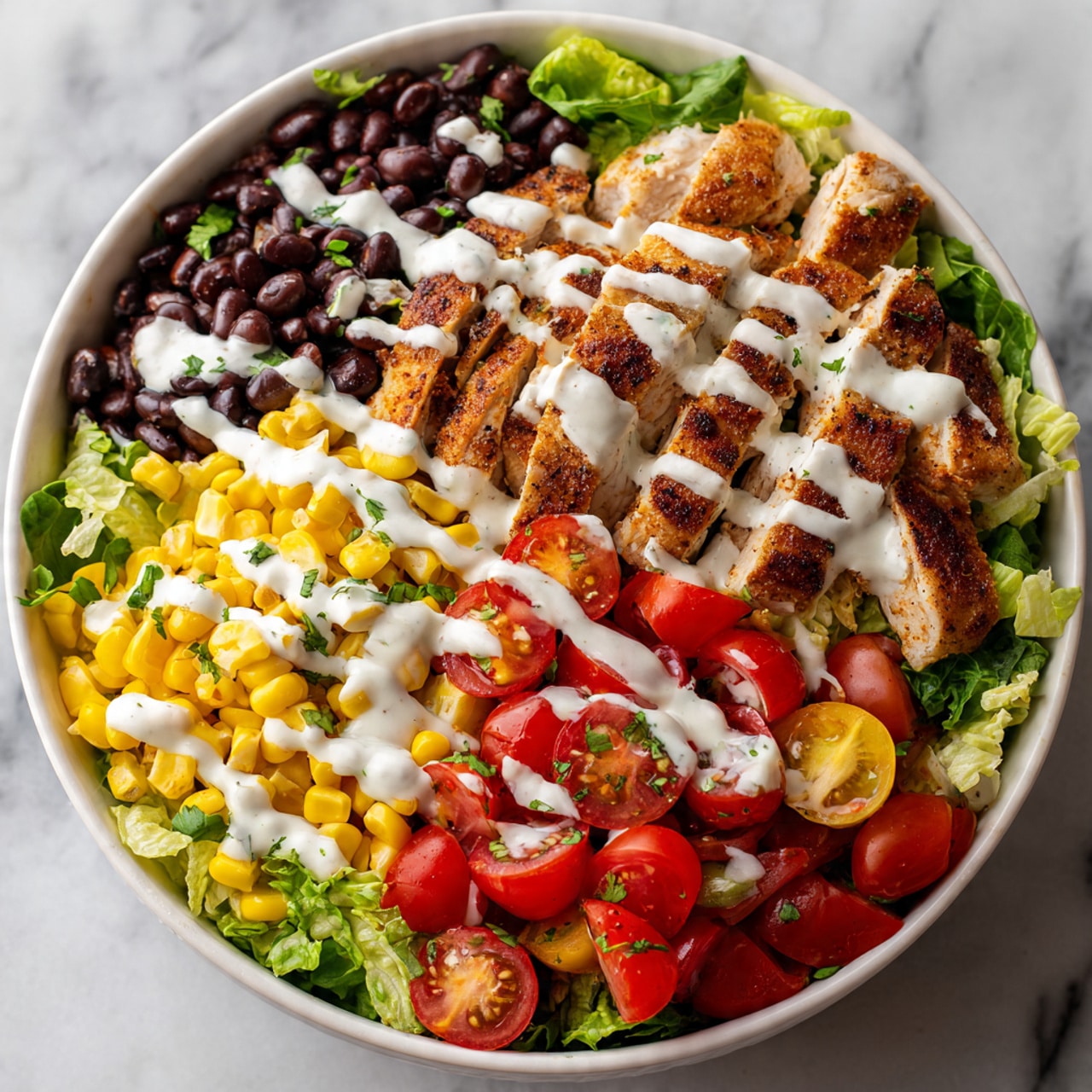 A white bowl filled with a colorful layered salad on a white marbled surface. The bottom layer has fresh green lettuce and black beans spreading on one side. Next to it is a section of yellow corn and bright red cherry tomatoes. On top at the center, there are several grilled chicken pieces with a golden brown color. The whole dish is finished with a drizzle of white creamy dressing over the chicken and some parts of the vegetables. Photo taken with an iphone --ar 4:5 --v 7