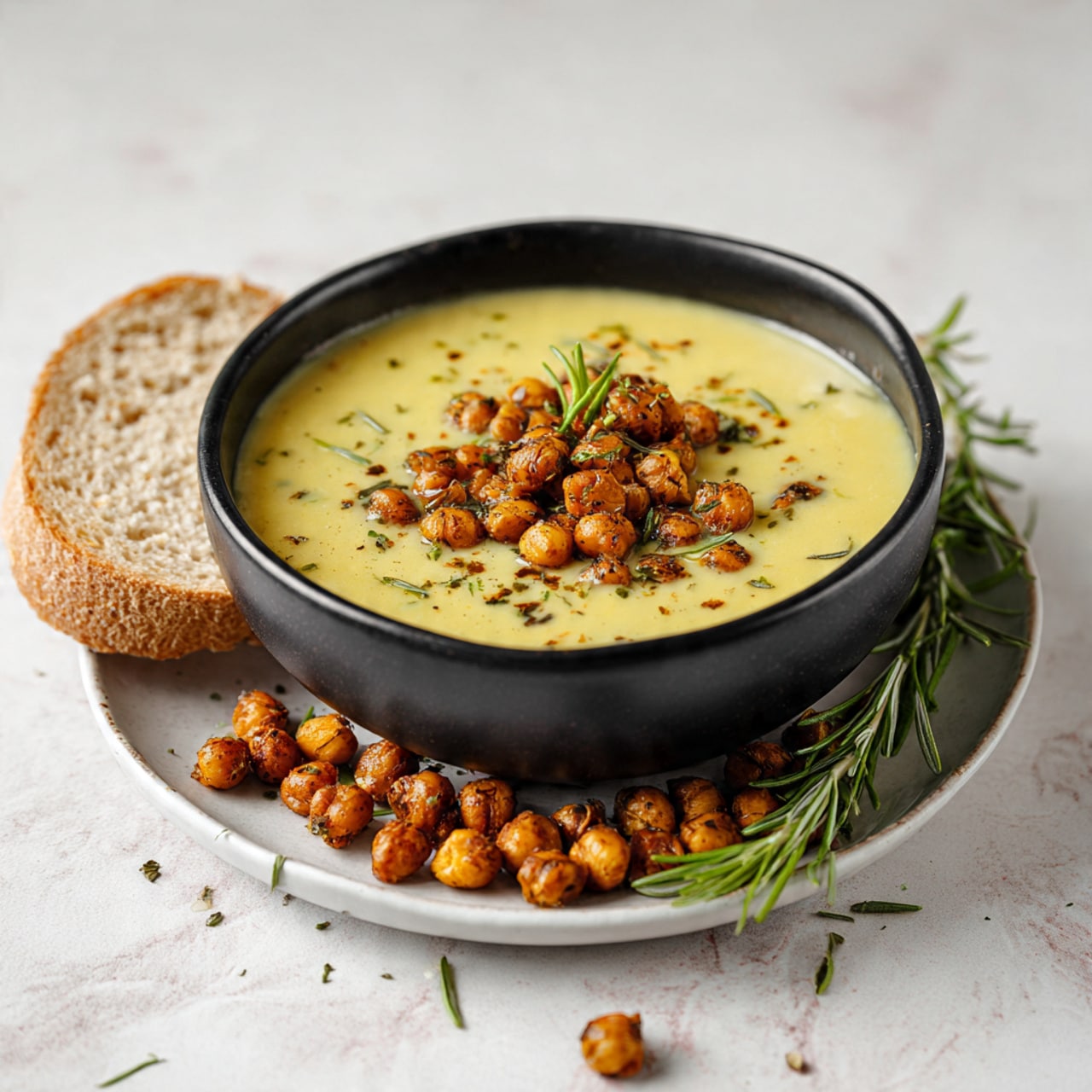 A black bowl filled with creamy yellow soup that has visible chunks of vegetables and beans, topped with a layer of golden brown roasted chickpeas scattered across the surface. The bowl sits on a white plate, with more roasted chickpeas spilled around its base. To the left of the bowl, there is a piece of light brown bread with a rough texture resting against the plate. A sprig of green rosemary extends over the top right corner of the bowl. The whole scene is set on a white marbled textured surface photo taken with an iphone --ar 4:5 --v 7