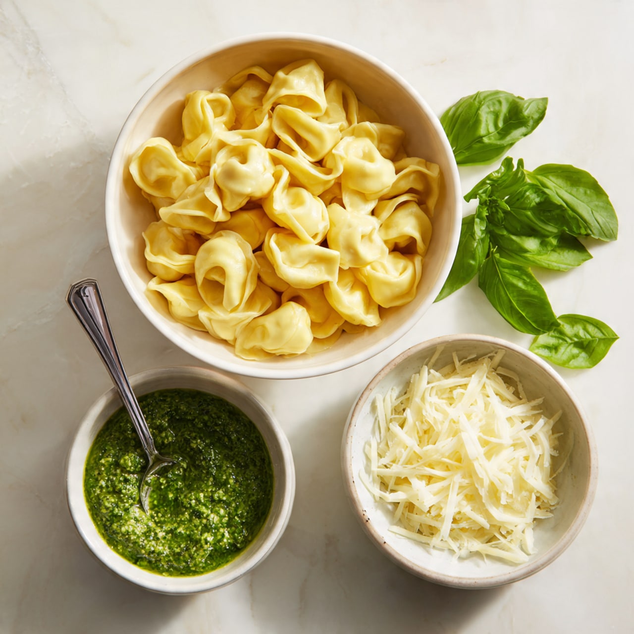 The image shows a top view of three white round bowls on a white marbled surface. The largest bowl at the top is full of cooked tortellini pasta with a yellowish color and smooth texture. Below to the left is a smaller bowl filled with green pesto sauce with a slightly chunky texture and a spoon inside it. To the right of the sauce bowl, there is another small bowl containing shredded white cheese. Fresh green basil leaves are placed next to the cheese bowl, adding color contrast. The light is bright and natural, highlighting the freshness of the ingredients photo taken with an iphone --ar 4:5 --v 7