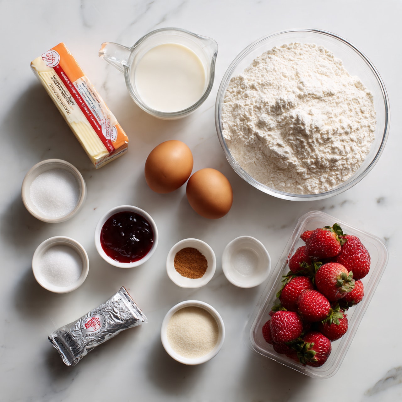 The image shows a top view of various baking ingredients neatly arranged on a white marbled surface. At the top right, there is a large clear glass bowl filled with white flour. To the left of it, there is a clear glass measuring cup holding a white liquid, likely milk. Below the flour and milk, two brown eggs rest side by side directly on the surface. Surrounding the eggs are five small white bowls: one with a white powder (baking powder or baking soda), one with granulated white sugar, one with a small amount of a light brown powder (cinnamon), one with a dark red jam or jelly, and one with a clear, light-colored liquid (possibly oil or water). At the bottom left, a stick of wrapped salted cream butter with orange and white packaging sits next to an unopened foil-wrapped cream cheese package. To the bottom right, a clear plastic container holds fresh, red strawberries with green leaves. photo taken with an iphone --ar 4:5 --v 7
