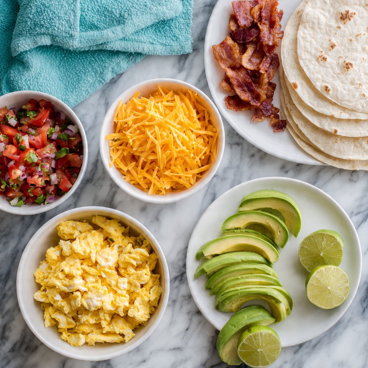 The image shows a collection of food items arranged on a white marbled surface. There are five white bowls and plates visible: one with fluffy scrambled eggs in the bottom left, one with bright red diced tomatoes mixed with chopped onions and herbs on the upper left, one with shredded sharp orange cheddar cheese at the top center, one with small pieces of crispy cooked bacon at the top right, and a white plate at the bottom right filled with neatly arranged slices of fresh green avocado accompanied by two lime wedges. In the center right, there is a stack of soft white tortillas. A folded turquoise cloth napkin is in the top left corner of the image. The photo is taken with an iphone --ar 4:5 --v 7