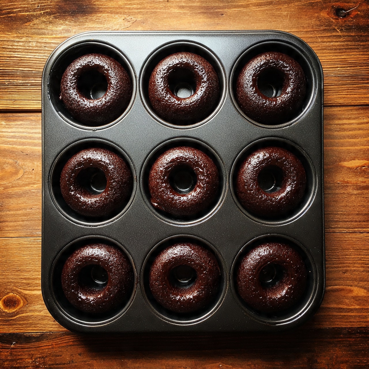 A dark chocolate batter fills six doughnut-shaped molds in a non-stick black baking tray, each cavity showing a smooth yet slightly textured surface with a shiny wet look, centered around a round, flat middle post; the tray rests on a wooden surface with visible grain, adding warmth to the scene. photo taken with an iphone --ar 4:5 --v 7