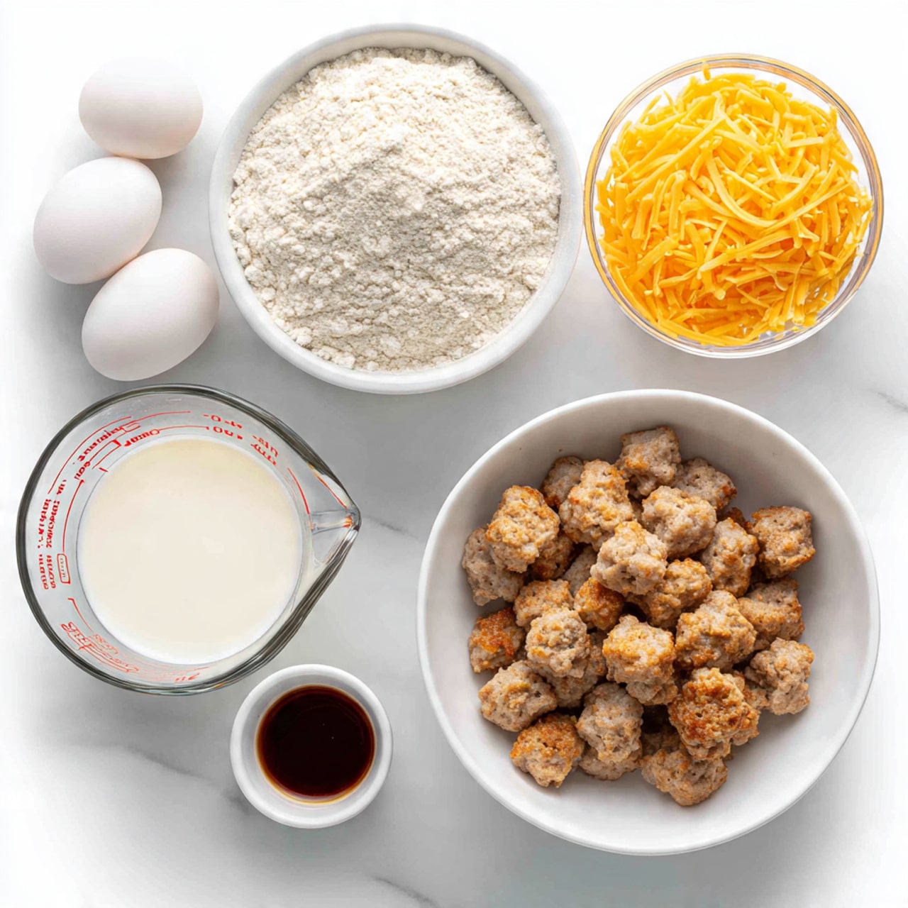 The image shows six ingredients on a white marbled surface. There is a small white bowl with two white eggs in the top left corner. Next to it is a white bowl filled with light brown flour with a fine texture. On the top right, there's a white bowl filled with shredded bright orange cheese. Below the cheese, a clear glass measuring cup contains white milk with red measuring marks. In the center, a small white cup contains dark brown liquid, likely vanilla extract. Finally, in the bottom right, there is a white bowl filled with small pieces of cooked, light brown sausage that have a slightly crispy texture. Photo taken with an iphone --ar 4:5 --v 7