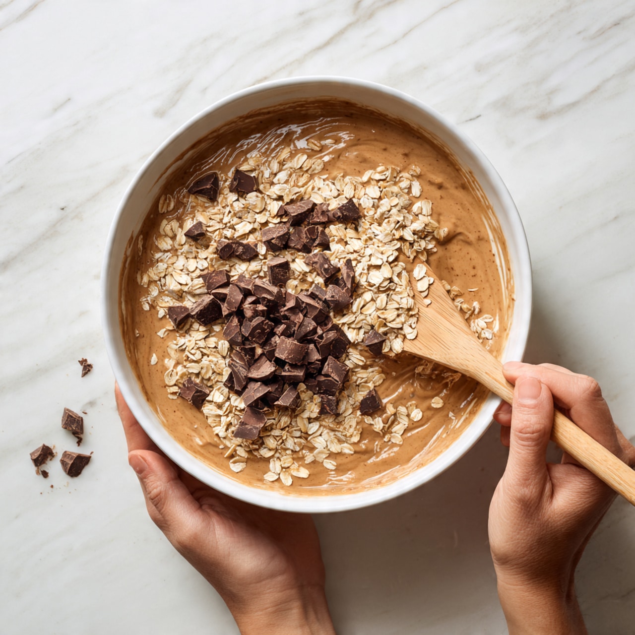 A white bowl filled with a thick, light brown mixture that looks smooth and creamy, covered on top with a layer of dry rolled oats and small dark chocolate chunks scattered unevenly. The bowl is held with woman's hand on the right side, while another woman's hand on the left side holds a wooden spatula mixing the oats and chocolate gently into the mixture. The background is a white marbled surface. photo taken with an iphone --ar 4:5 --v 7