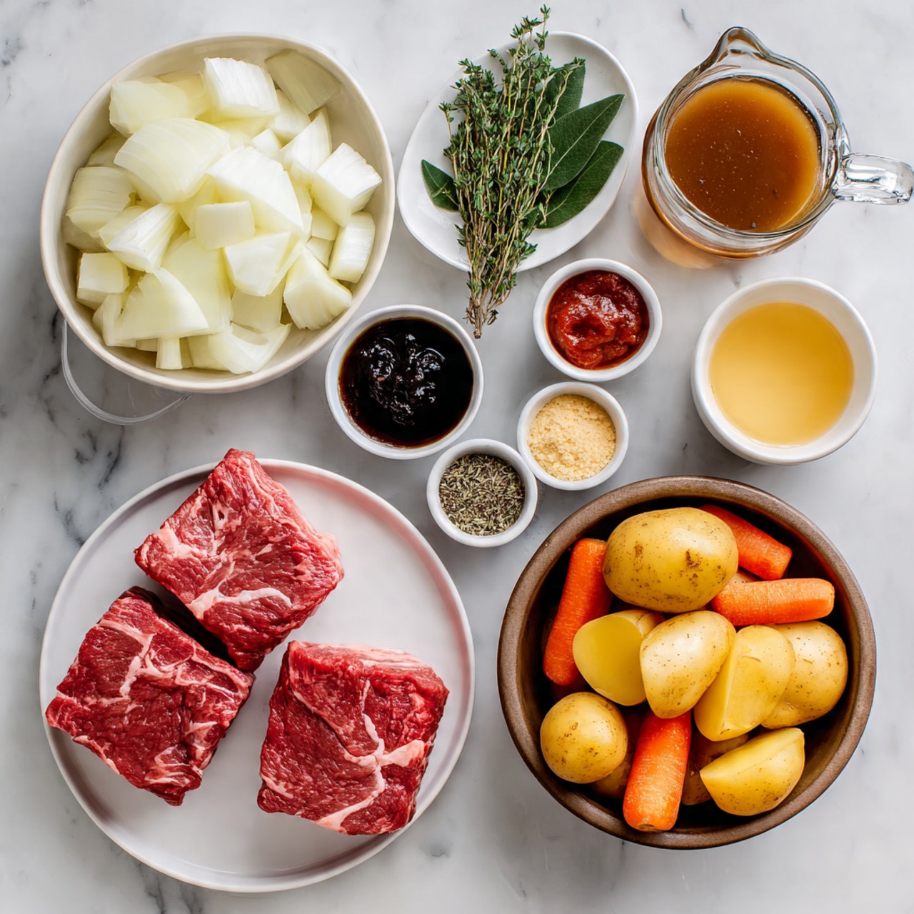 The image shows a white plate holding two large pieces of raw beef with visible marbled fat on the bottom left. To the right, a white bowl is filled with small yellow potatoes and orange carrot sticks, some carrot sticks lay on top. Above them, there is a clear glass measuring cup filled with brown broth, and next to it, a small white bowl with light yellow oil. At the top center, a white bowl contains large quartered white onion pieces. Surrounding these main ingredients are smaller white bowls holding salt, black pepper, tomato paste, chopped garlic, and dark soy sauce. A small white plate with fresh green bay leaves and sprigs of thyme is in the upper middle. All items are set on a white marbled surface. photo taken with an iphone --ar 4:5 --v 7