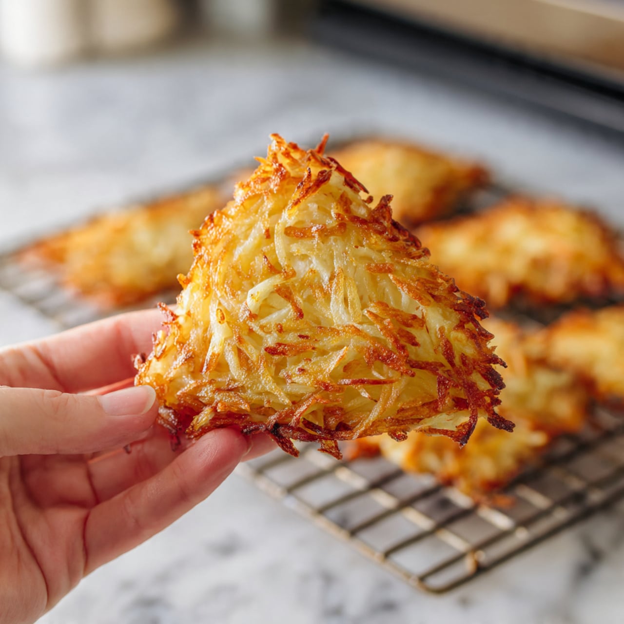 A close-up of a crispy, golden-brown hash brown held by a woman's hand, showing thin, crunchy potato strands tangled together in a triangular shape. The hash brown has a textured surface with some lighter and darker brown spots, indicating a perfectly cooked crispiness. The background is a white marbled kitchen countertop with an oven visible behind the metal cooling rack where more hash browns rest, slightly blurred to keep focus on the single piece held. Photo taken with an iphone --ar 4:5 --v 7