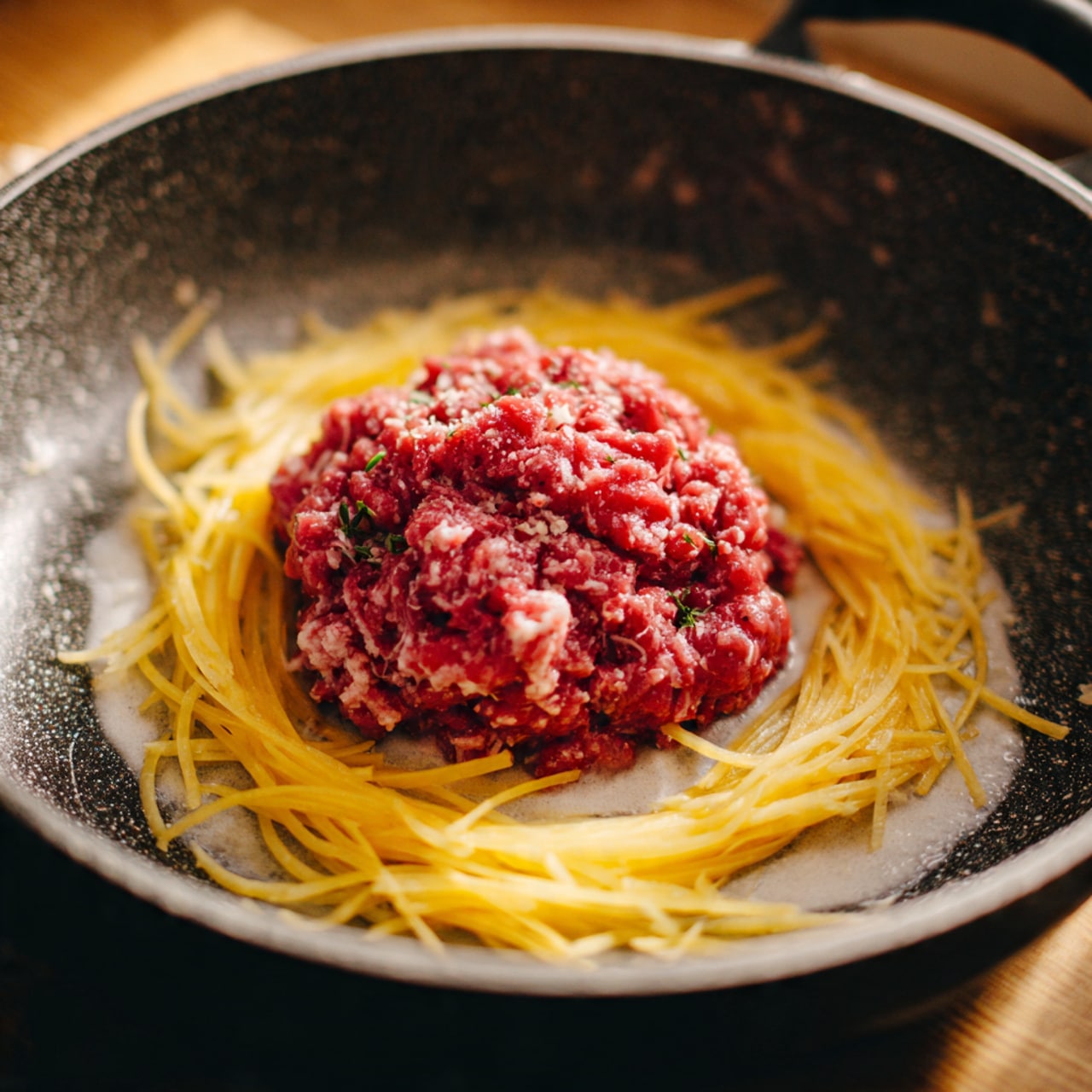 The image shows a round cooking pan filled with layers of food. The bottom layer consists of thin, pale yellow strips of potatoes covering the pan evenly. On top of the potatoes, there is a layer of raw, shredded red meat, spread across the center, leaving the potato edges visible around it. The meat has a slightly coarse texture with some fat marbling. The pan rests on a white marbled surface. photo taken with an iphone --ar 4:5 --v 7