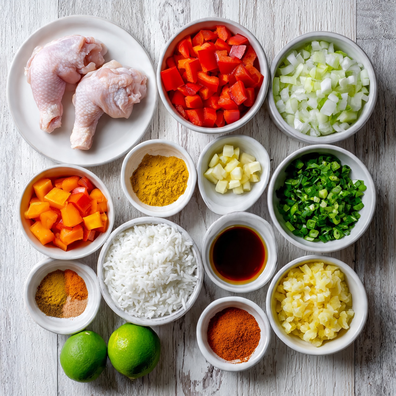 The image shows a collection of ingredients arranged neatly on a wooden surface with a white marbled texture background. At the top are two raw pale pink chicken pieces on a white plate. Below them, three white bowls hold chopped red bell peppers, diced white onions, and cubed orange carrots from left to right. There are several smaller white bowls filled with minced garlic, chopped yellow ginger, lime juice, ground turmeric, chili powder, and a dark amber liquid. A large white bowl in the center contains white coconut cream, surrounded by chopped green onions, long grain white rice, and fresh green cilantro in white bowls. Two whole green limes sit on either side near the middle. The layout is clean and colorful with a mix of bright vegetables and spices. Photo taken with an iphone --ar 4:5 --v 7