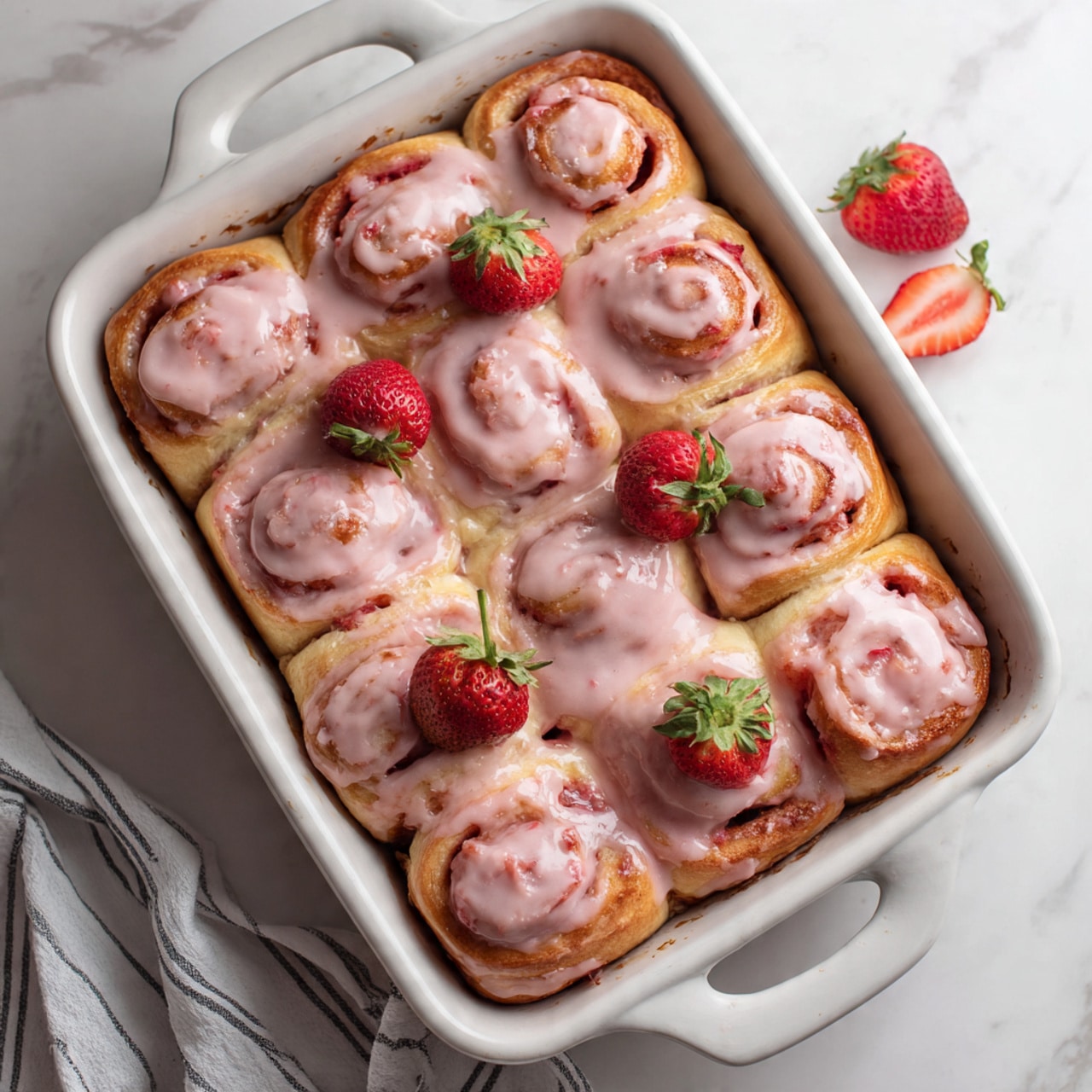 The image shows a white rectangular baking dish filled with twelve large swirled cinnamon rolls, each topped with a glossy pink strawberry glaze. The rolls have a soft, fluffy texture with visible bits of strawberry inside the swirls. There are a few small pieces of fresh strawberries placed on top as decoration. The dish is placed on a white marbled surface, and a striped cloth is partially visible at the bottom left corner. The colors are mostly soft pinks, whites, and light browns, giving a fresh and sweet appearance. Photo taken with an iphone --ar 4:5 --v 7