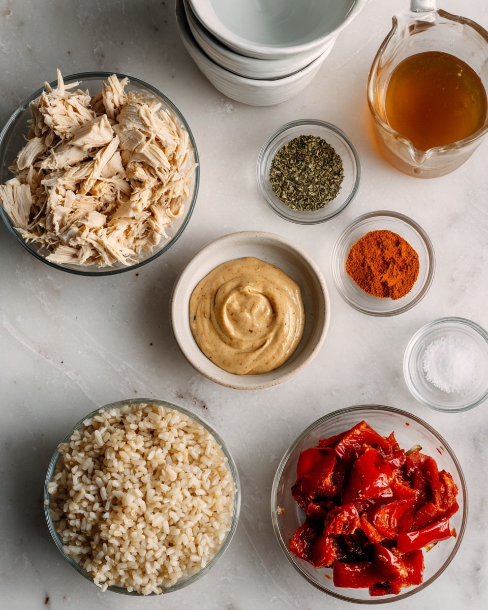 On a white marbled surface, there are several clear and white bowls arranged with ingredients. One clear bowl holds shredded light beige chicken pieces that show soft texture, and next to it is a white bowl filled with cooked brown rice grains, each grain visible and slightly shiny. A small white bowl contains a creamy, smooth beige spread with soft swirls on top. Another clear bowl holds bright red roasted bell pepper pieces with charred spots and a shiny, moist look. There is also a small clear bowl with three spices: white salt, green dried herb flakes, and a bright orange-red powder side by side. Additionally, a glass measuring cup contains a light brown clear liquid, and a white ceramic container with spout is partly visible. A stack of white bowls sits in the background. Photo taken with an iphone --ar 4:5 --v 7