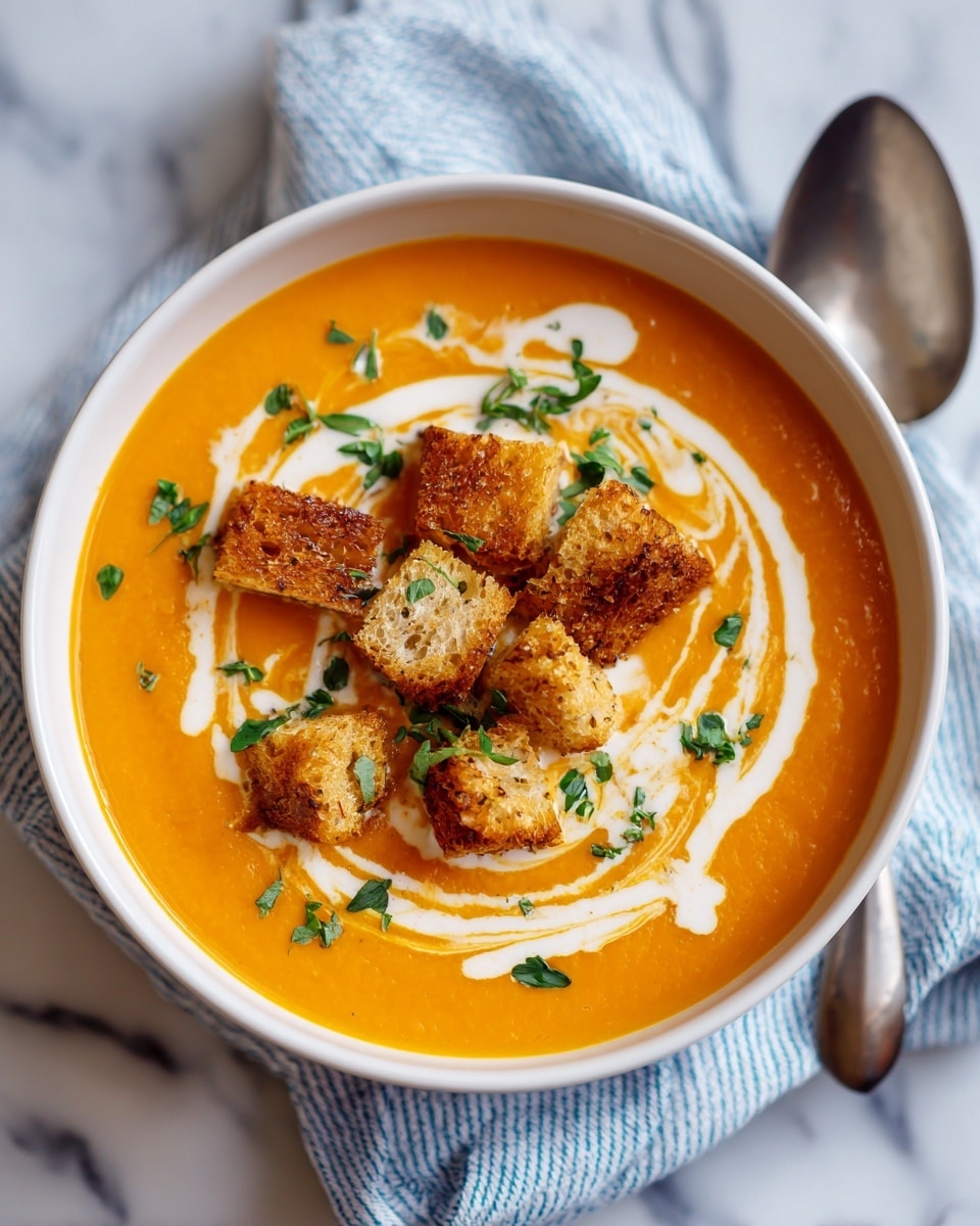 A white bowl is filled with orange creamy soup topped with a swirl of white cream and scattered green herbs. There are several golden brown croutons placed on top of the soup near the center. The bowl sits on a white marbled surface with a light blue and white striped cloth underneath. A spoon is placed to the right of the bowl. Photo taken with an iphone --ar 4:5 --v 7