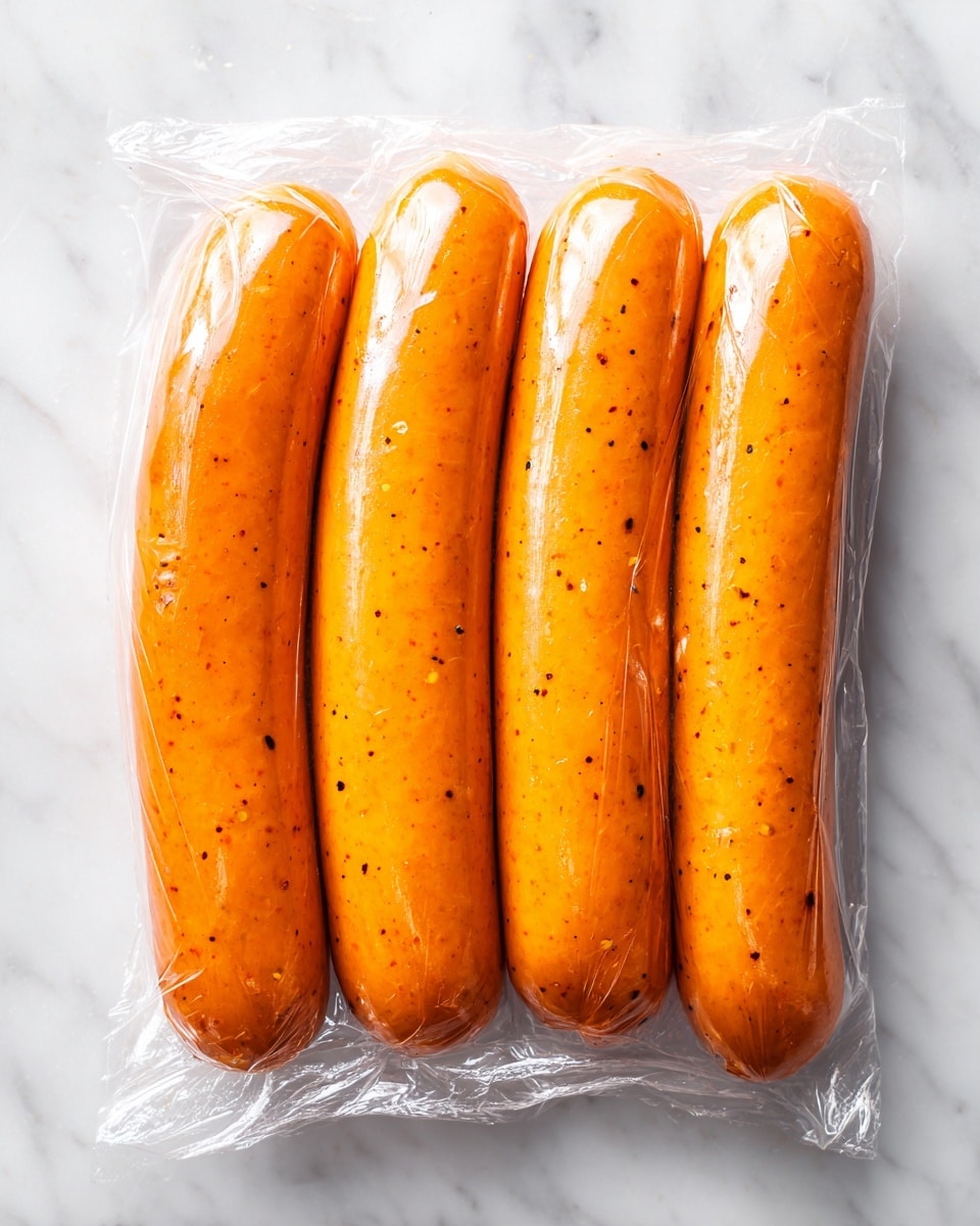 The image shows four smooth, shiny orange sausages tightly packed side by side in a clear plastic wrap. The sausages are aligned horizontally on a white marbled surface with subtle texture. The plastic wrap fits snugly around the sausages, creating light reflections and slight wrinkles mainly on the edges. The sausages have a consistent smooth texture and a uniform light orange color with tiny dark specks scattered evenly. The overall look is neat, clean, and fresh. photo taken with an iphone --ar 4:5 --v 7