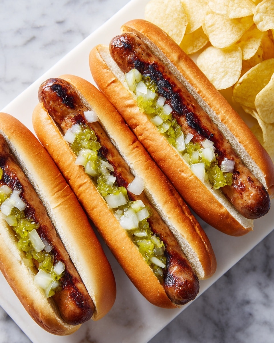 Three hot dogs are nestled in soft, light brown buns on a white marbled surface. Each hot dog has a grilled sausage with a slightly dark and shiny texture peeking from the bottom bun. On top of the sausages, there is a layer of bright green relish spread evenly, followed by small, white diced onions scattered on top. The right side of the image shows a pile of pale yellow potato chips. The overall colors are warm and natural, with a close-up focus highlighting the detail of the toppings and buns. Photo taken with an iphone --ar 4:5 --v 7